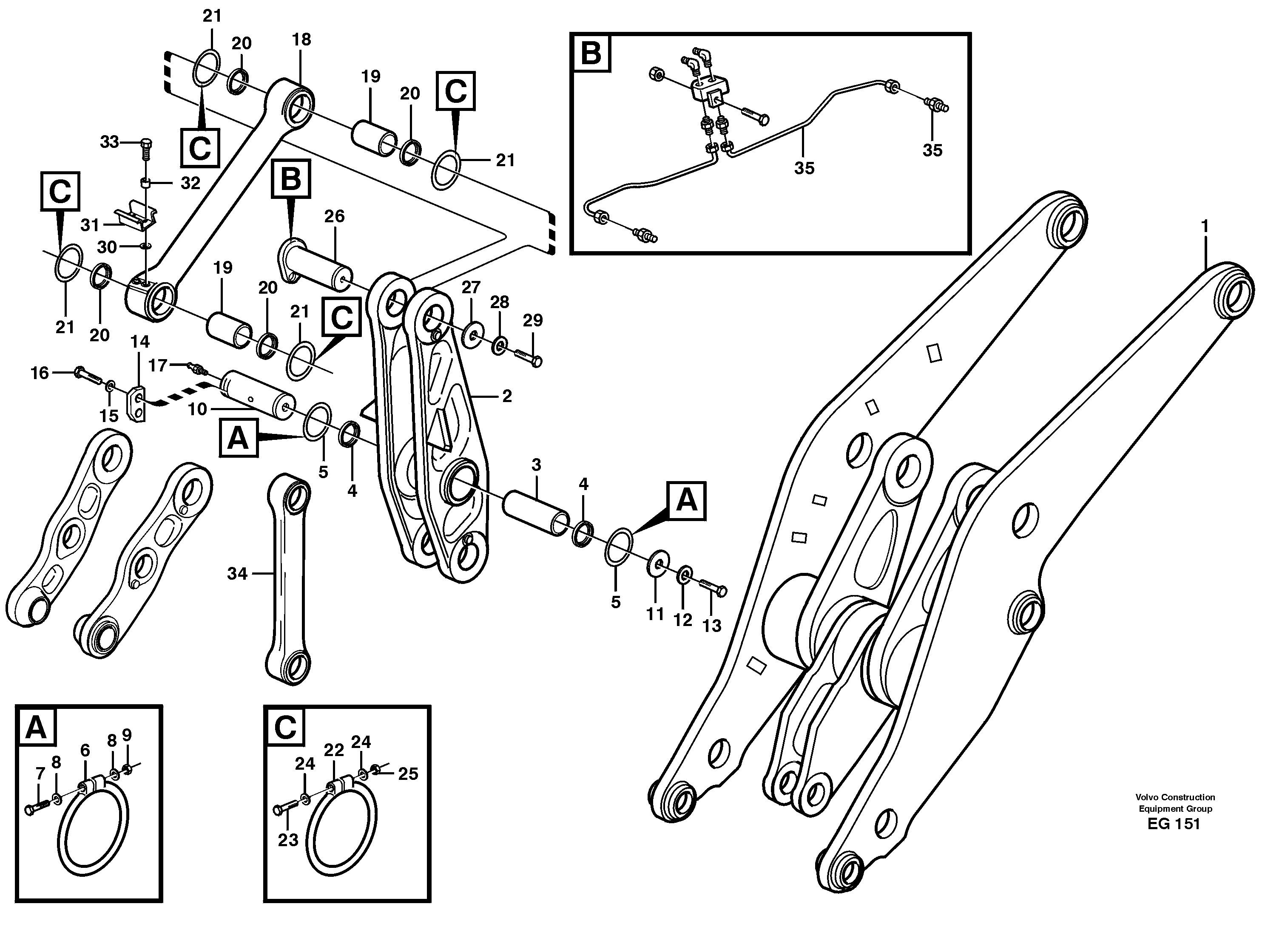Rear links with assembly parts  33807, 33810 — volvo parts diagram