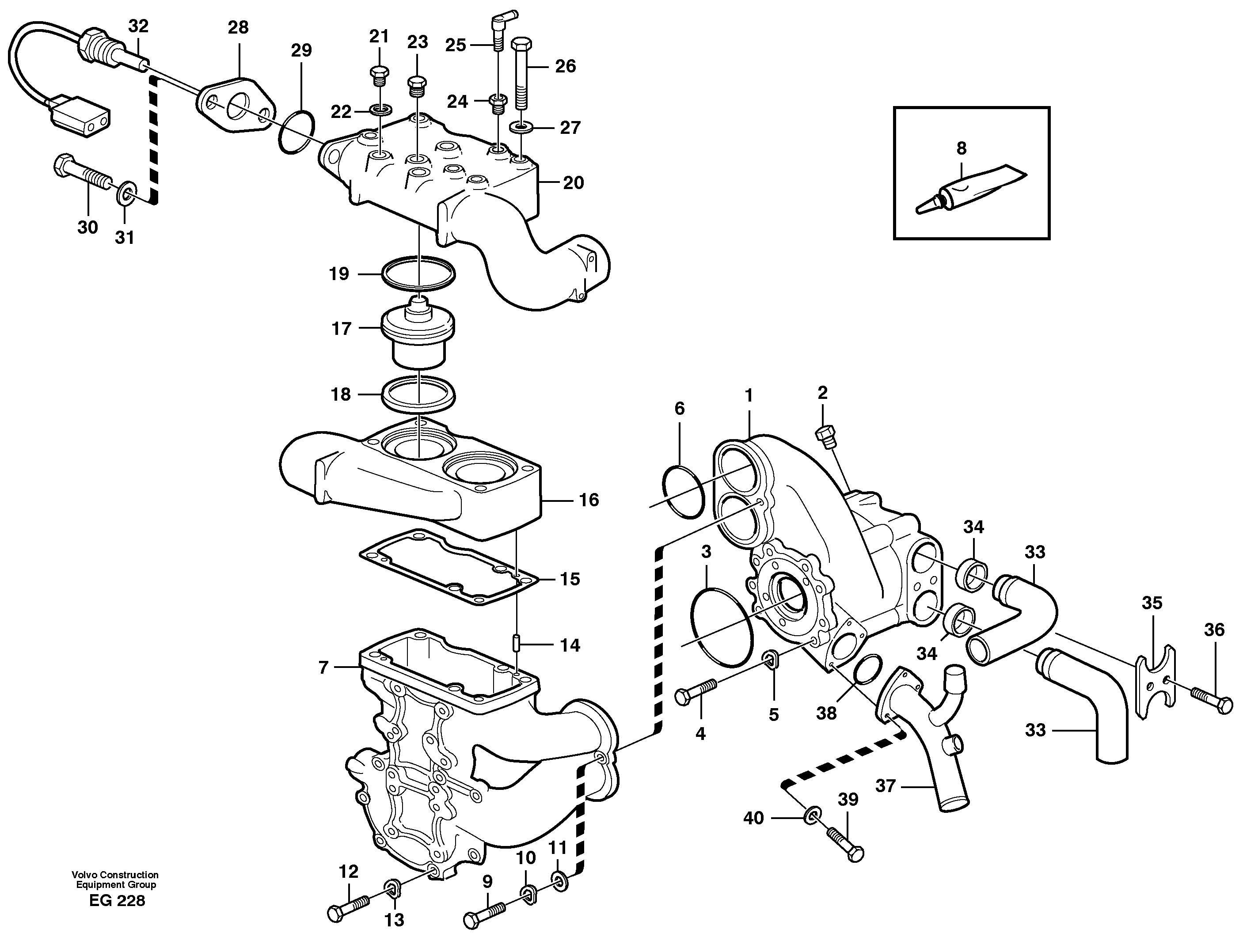 Water pump and thermostat housing — volvo parts diagram