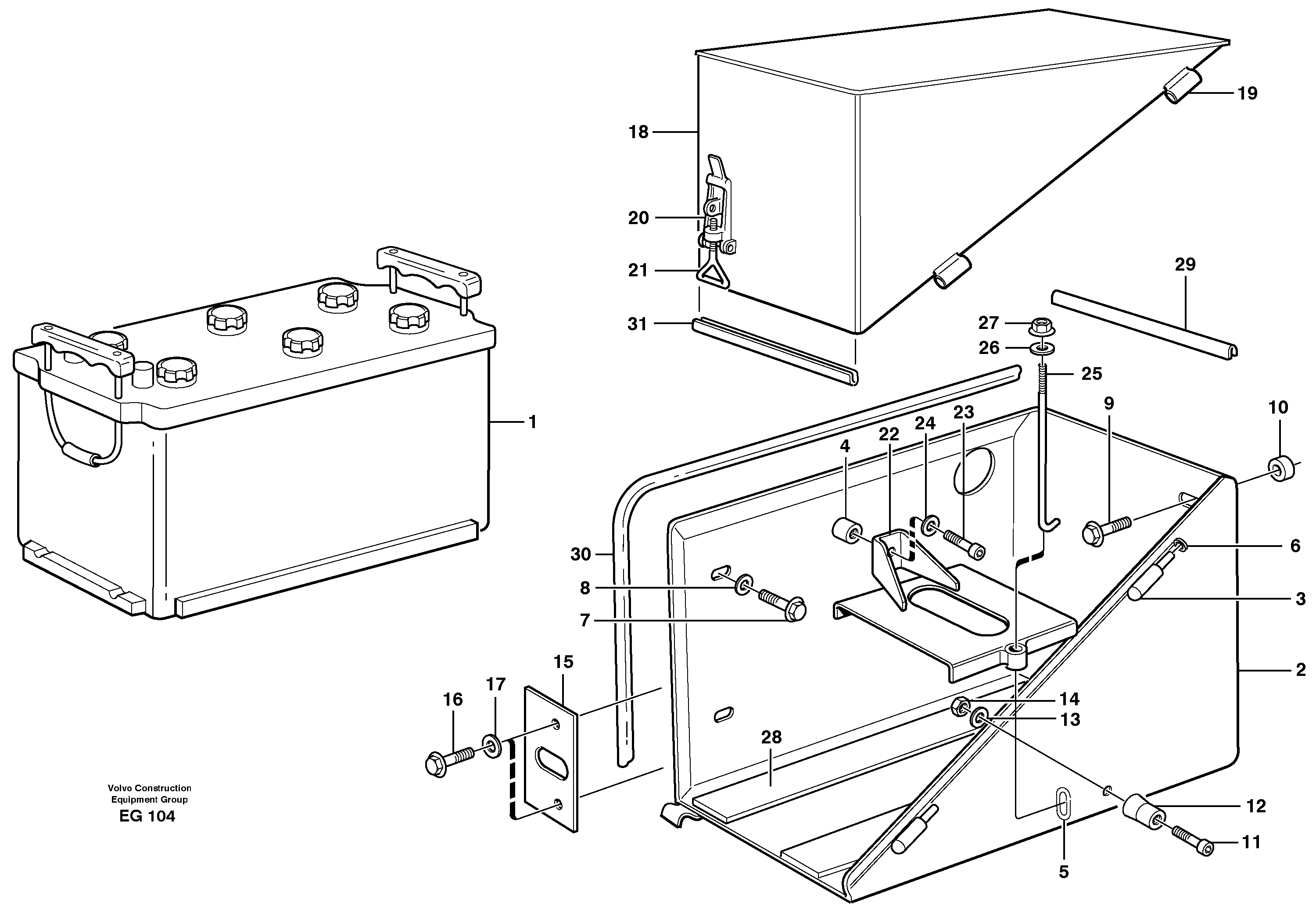 Battery box with fitting parts — volvo parts diagram