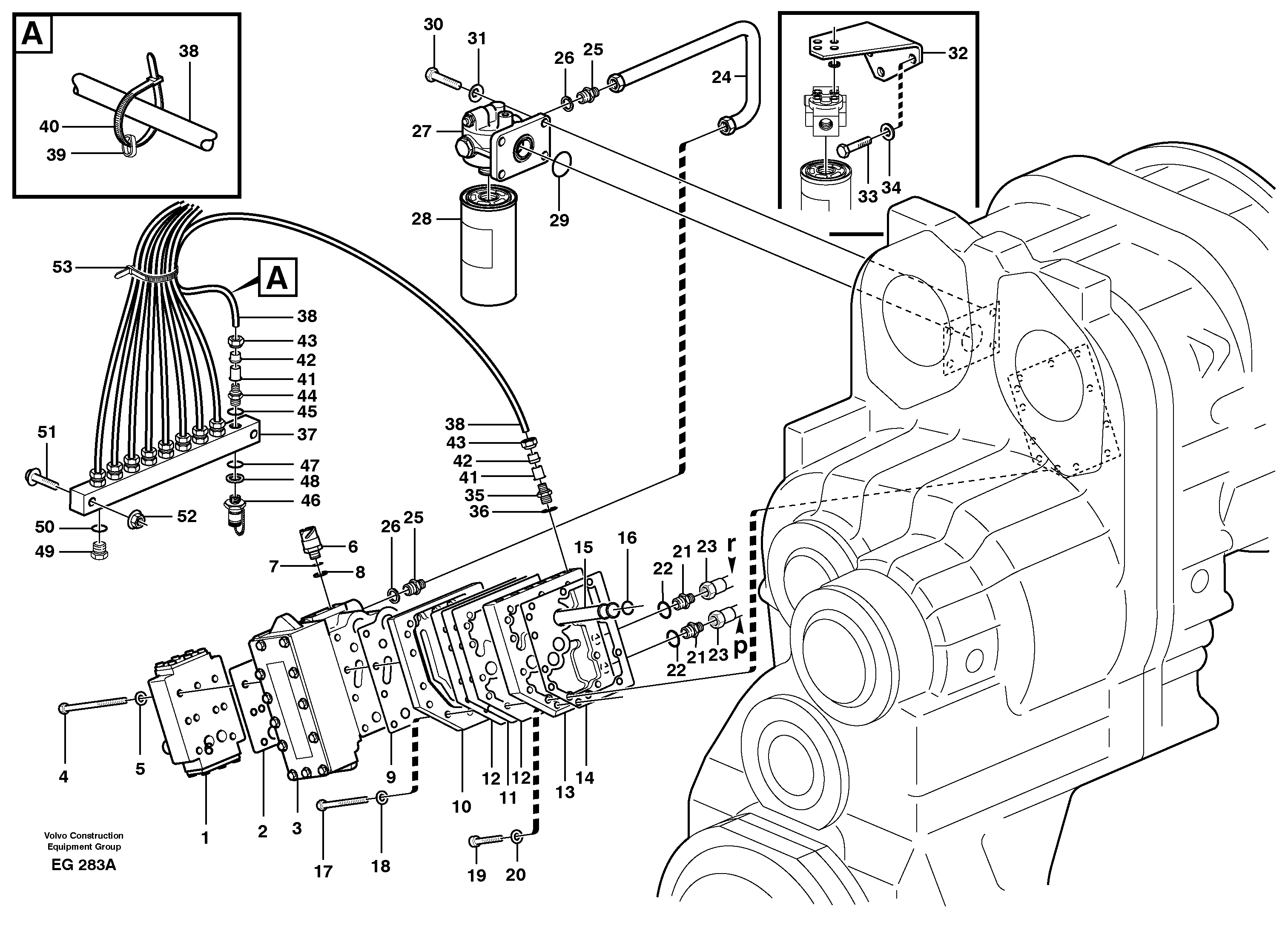 Oil filter and testing block  22527,  22528 — volvo parts diagram