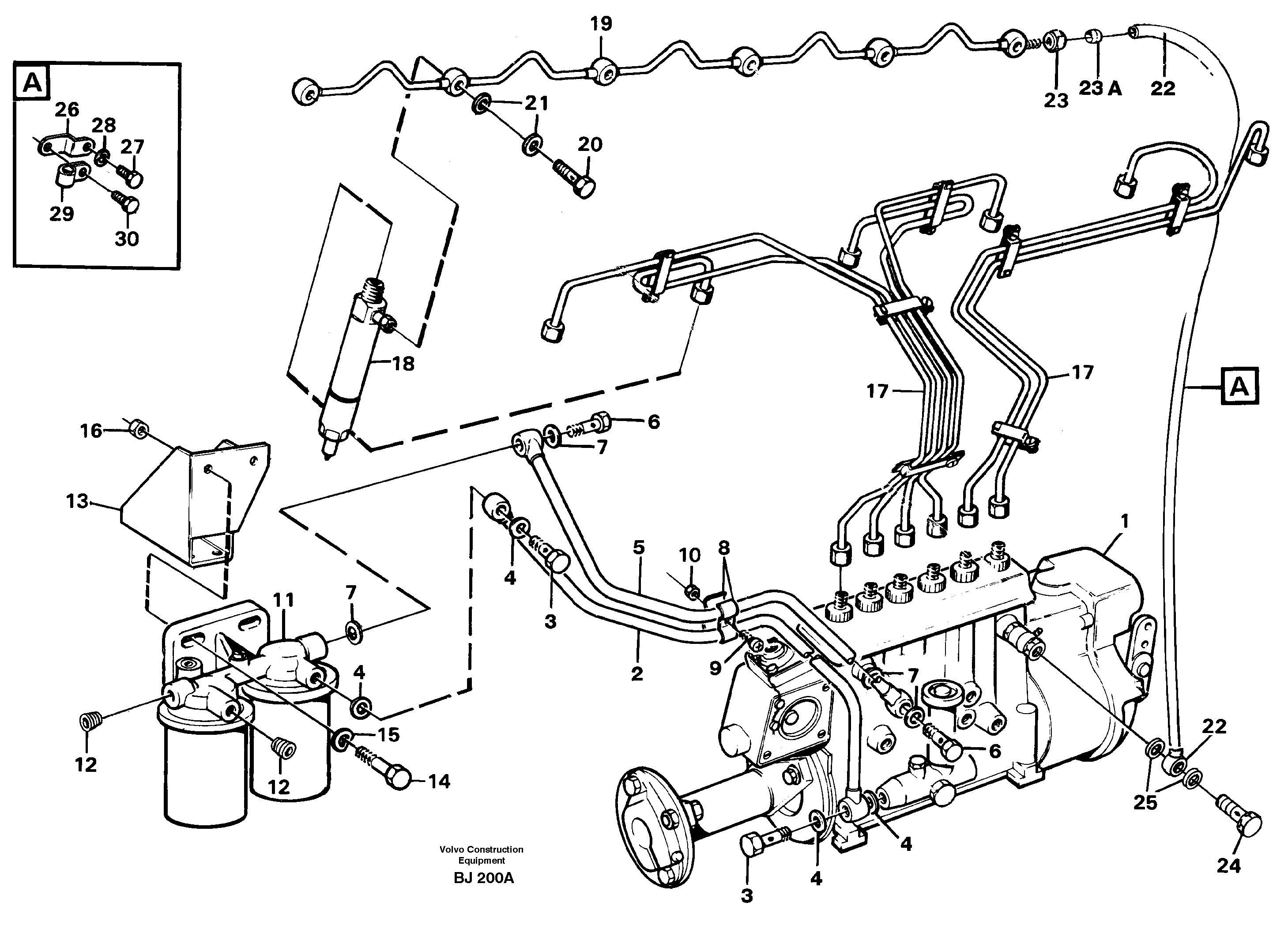 Fuel pipes, fuelinjec. pump - fuel filter - leak-off line — volvo parts diagram