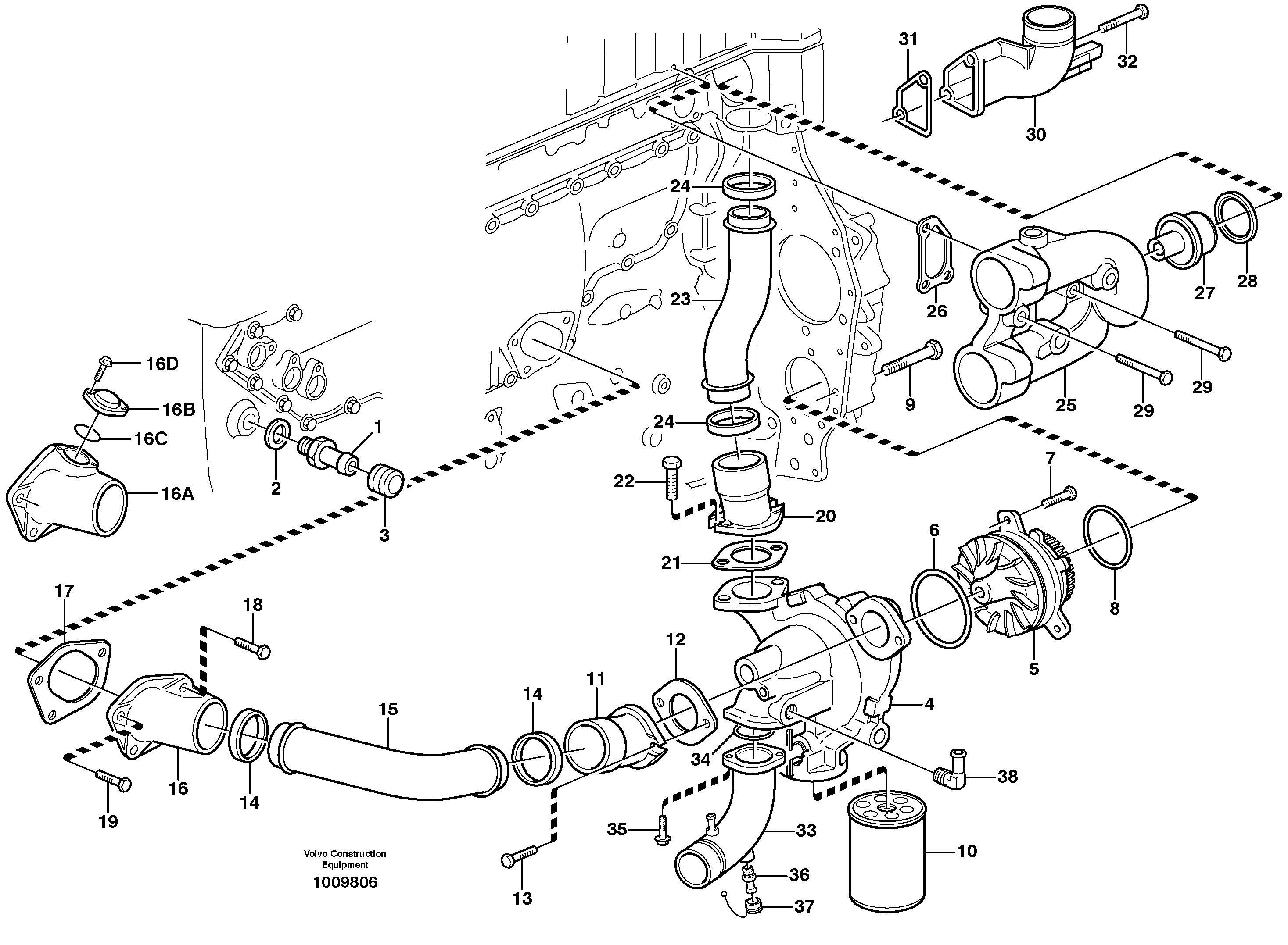 Water pump and thermostat housing — volvo parts diagram
