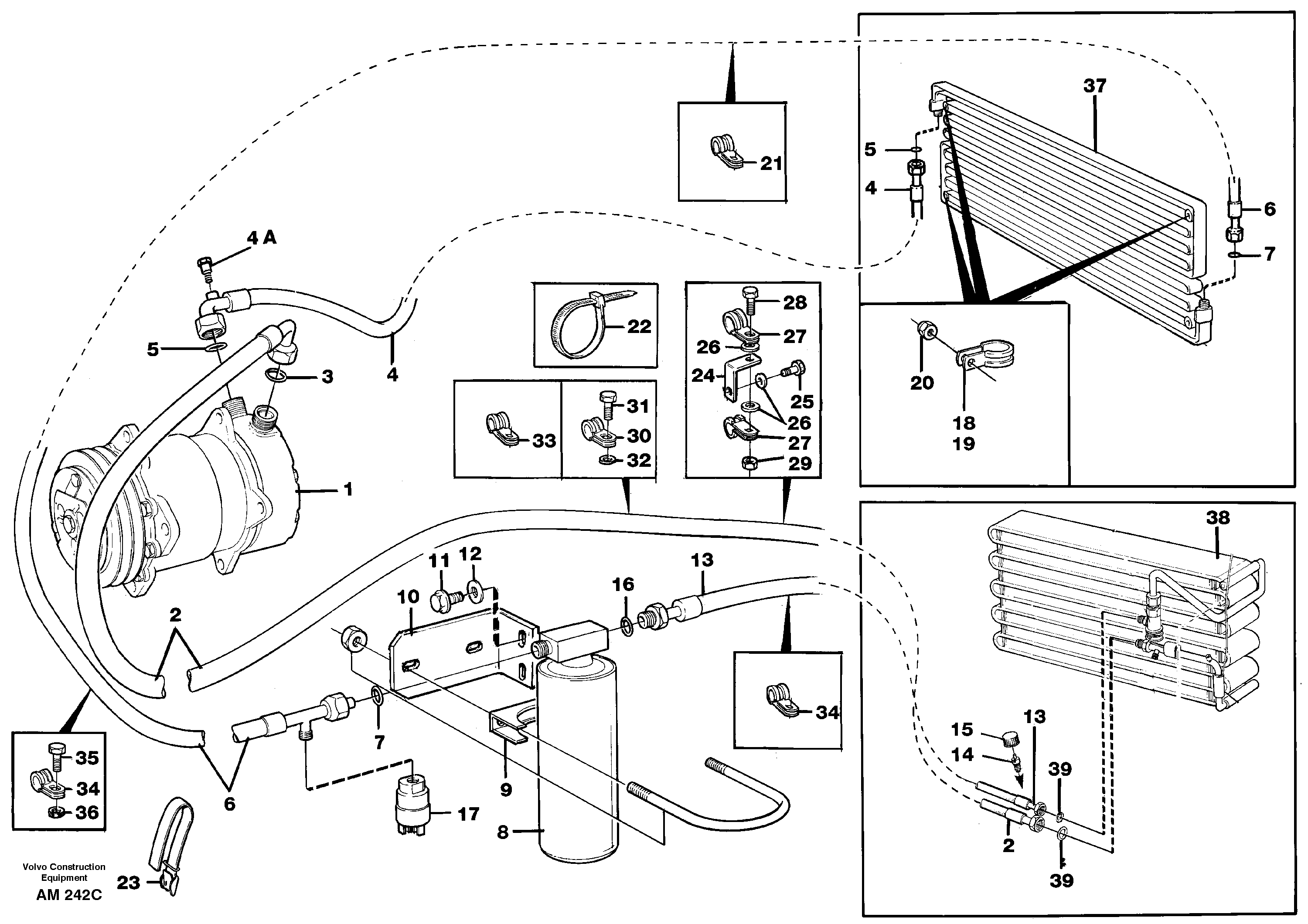 Assembly hoses: Evaparator, receiver drier, condenser. — volvo parts diagram