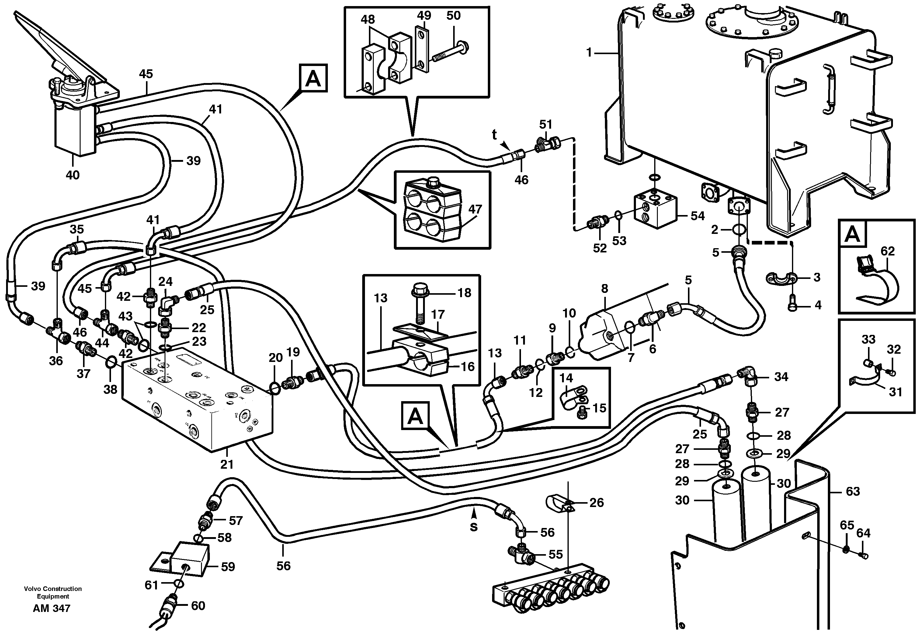 Brake lines,tank-pump- distr. valve-footbr.valve — volvo parts diagram