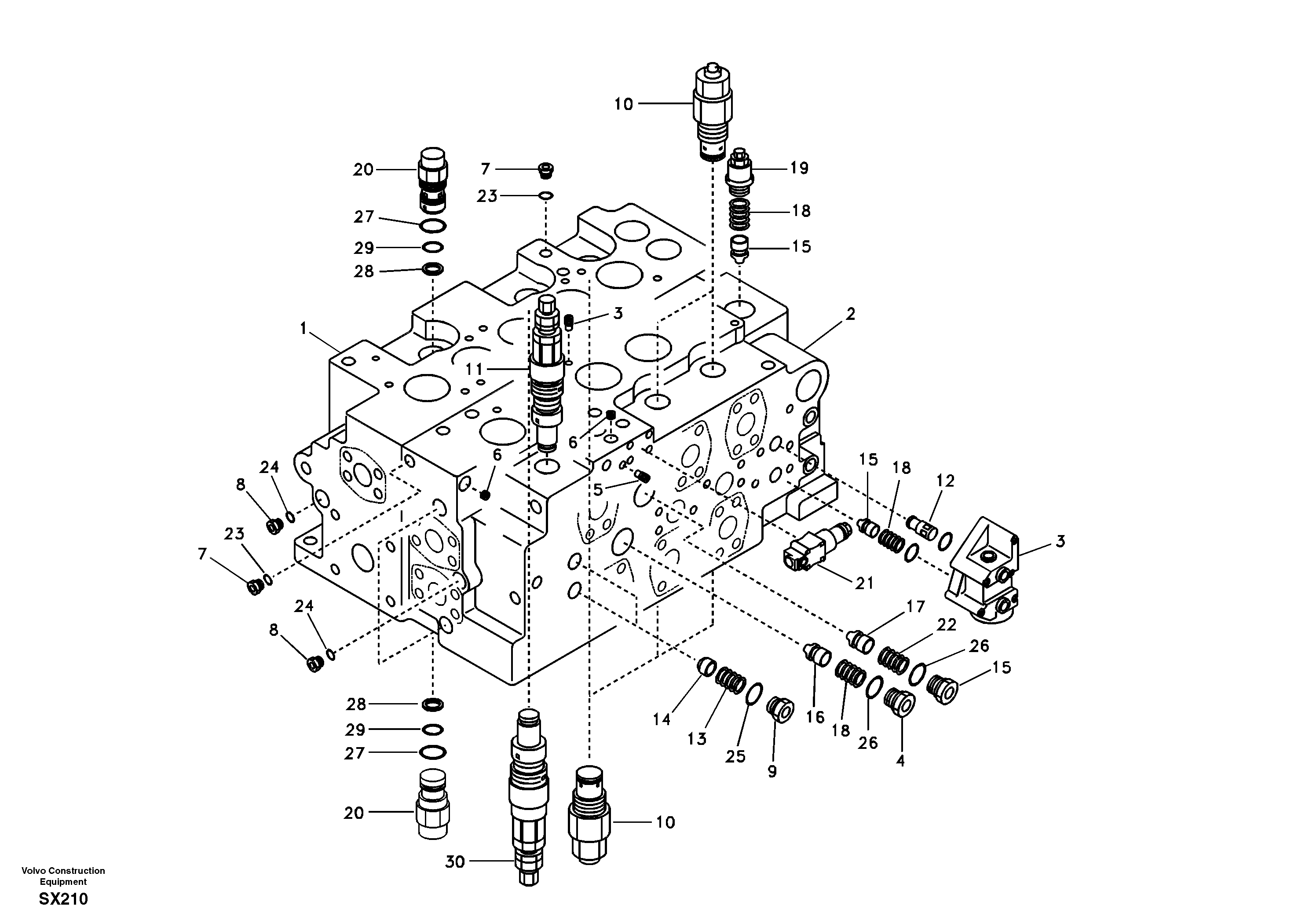 Main control valve, relife valve and boom holding — volvo parts diagram