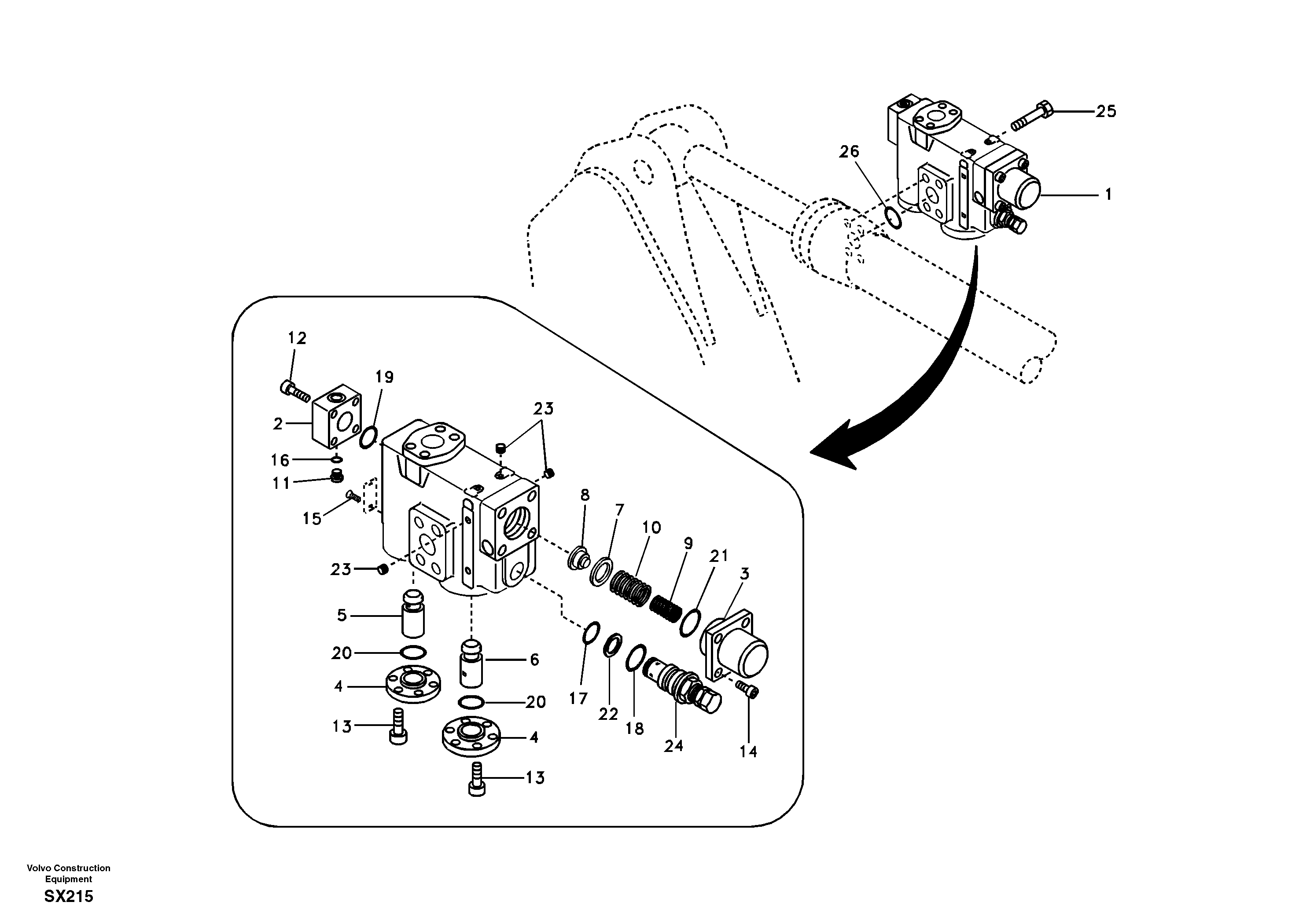 Working hydraulic, dipper arm rupture valve mount. — volvo parts diagram