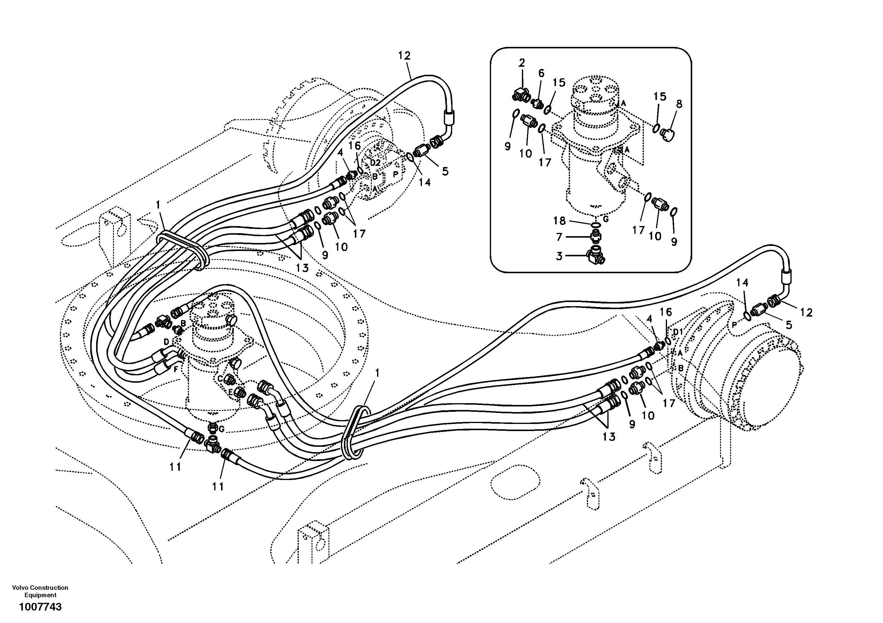Turning joint line, turning joint to travel motor — volvo parts diagram