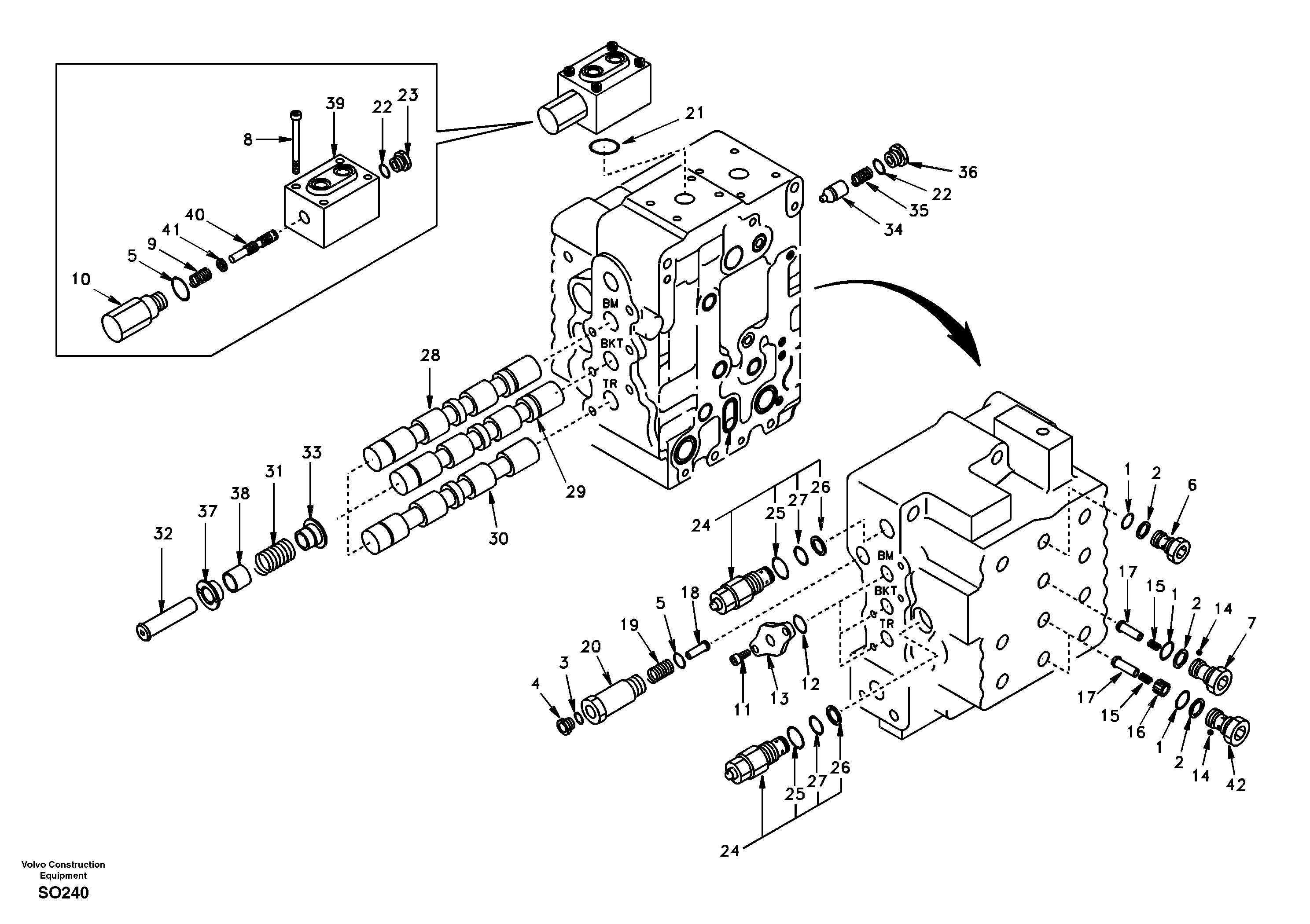 Main control valve, boom and bucket and travel Rh — volvo parts diagram