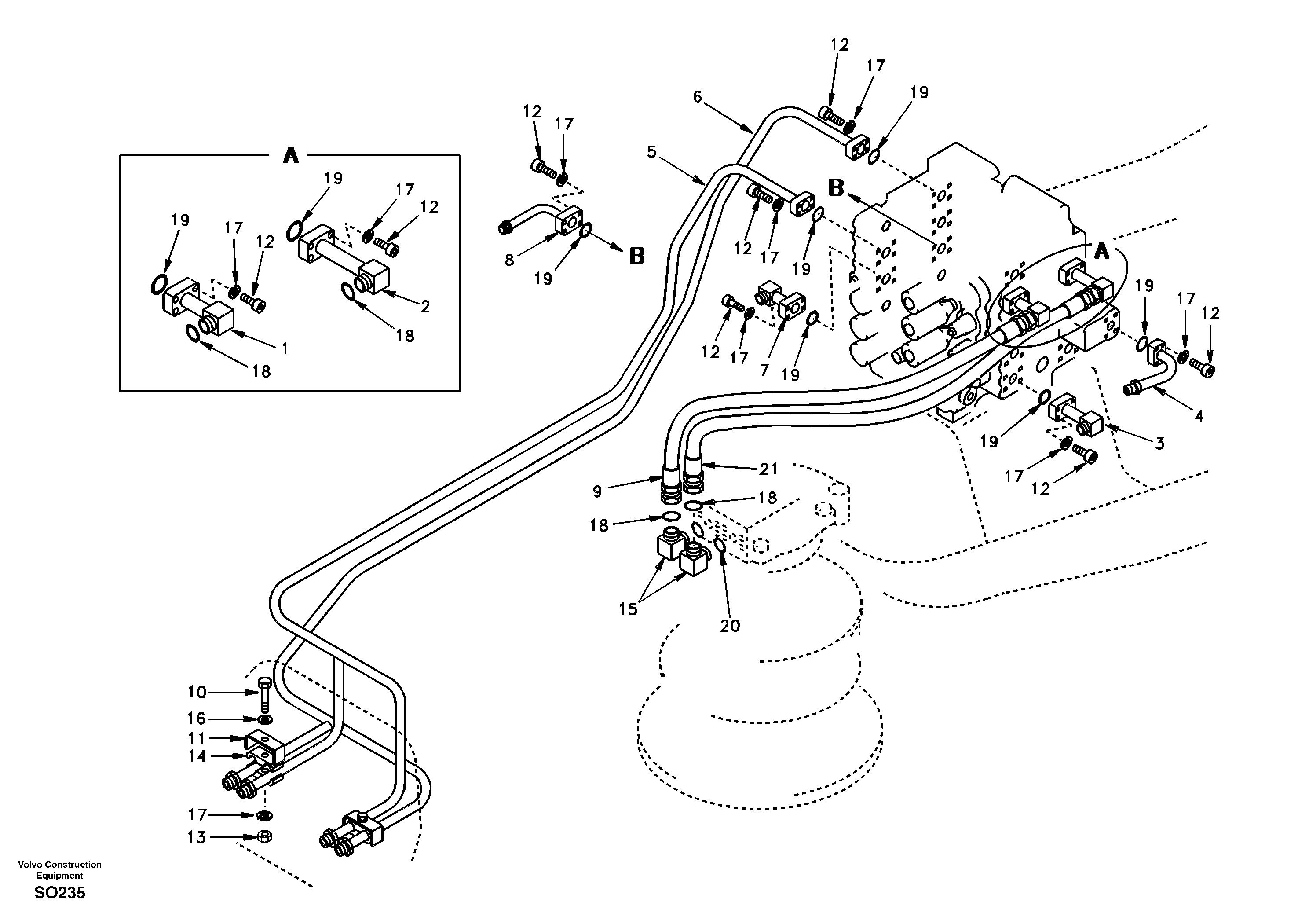 Hydraulic system, control valve to boom and swing — volvo parts diagram