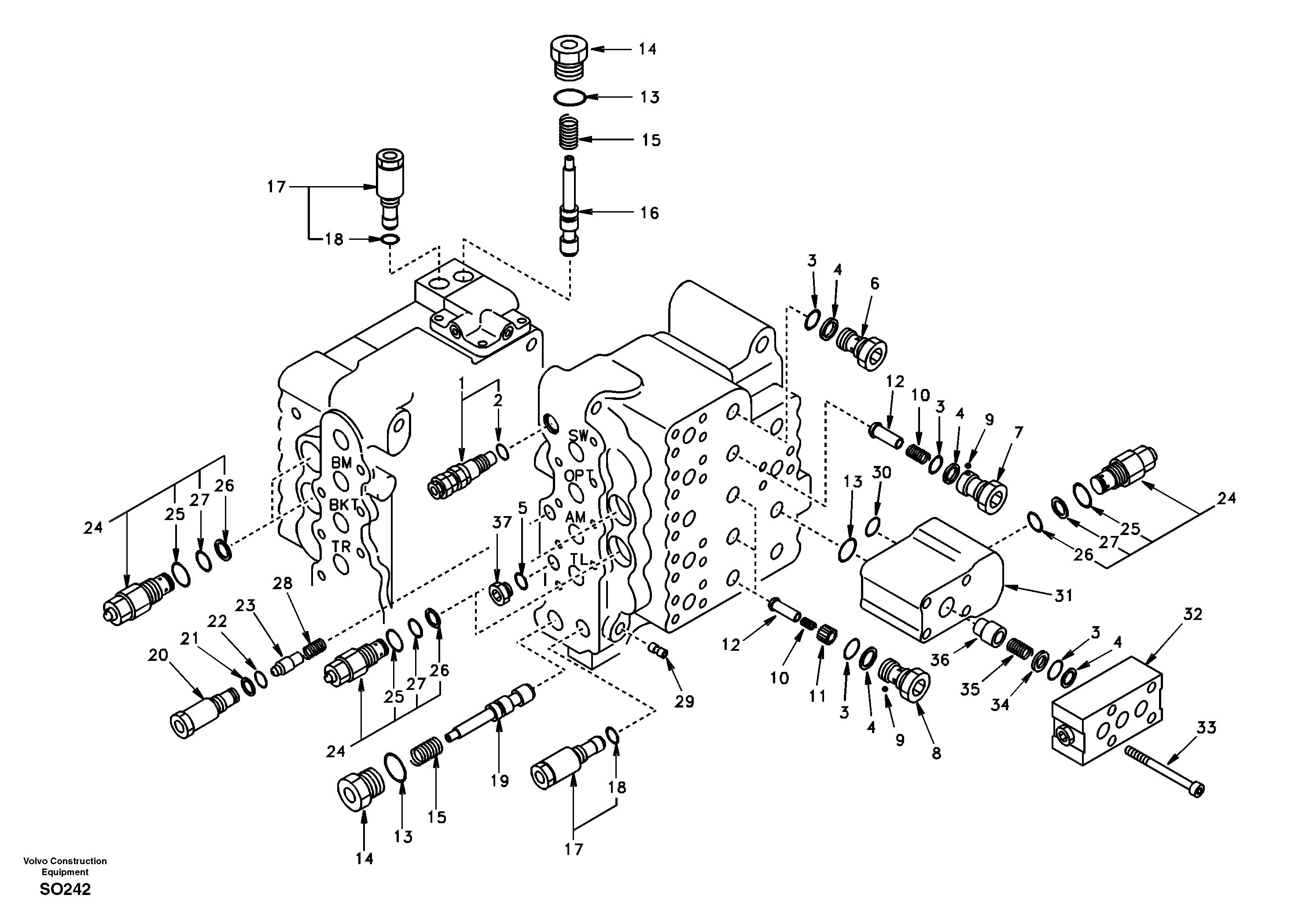 Main control valve, relief valve and dipper arm holding — volvo parts diagram