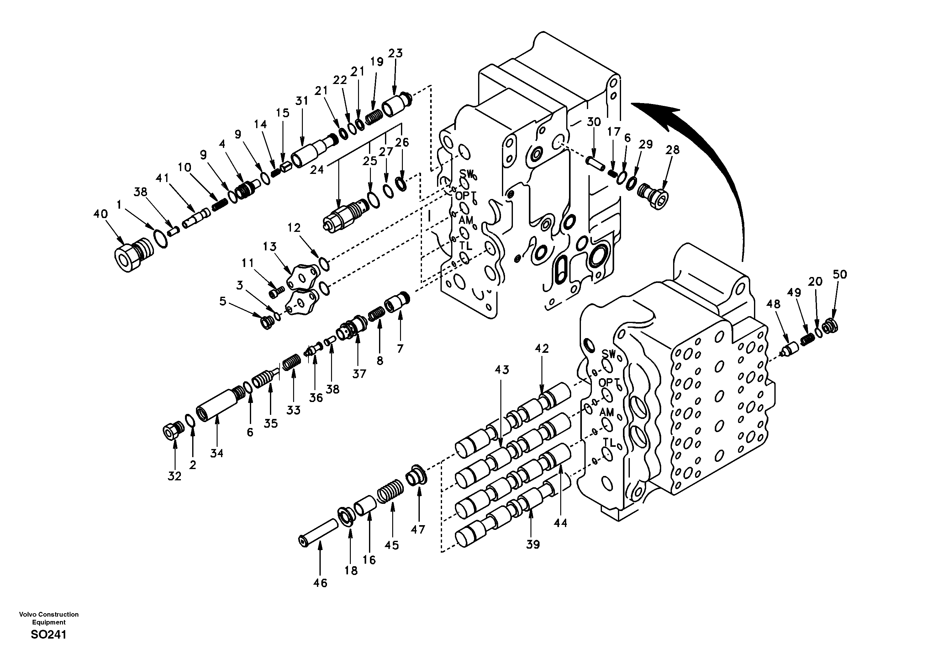 Main control valve, swing and option and dipper arm and travel Lh — volvo parts diagram