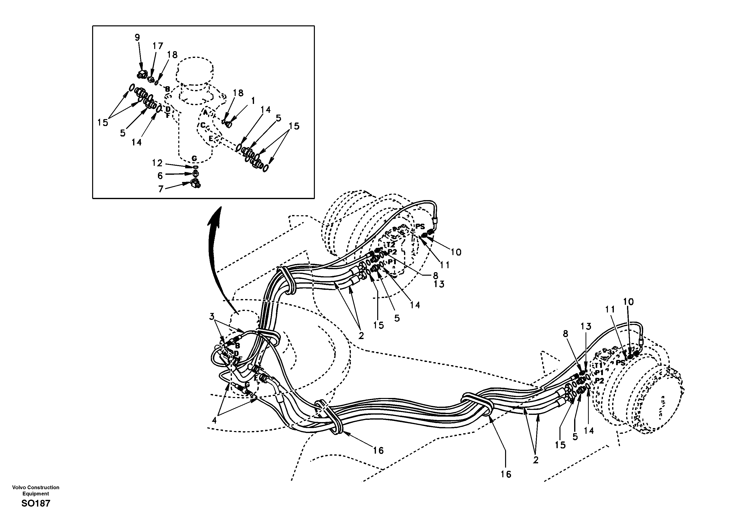 Turning joint line, turning joint to travel motor — volvo parts diagram
