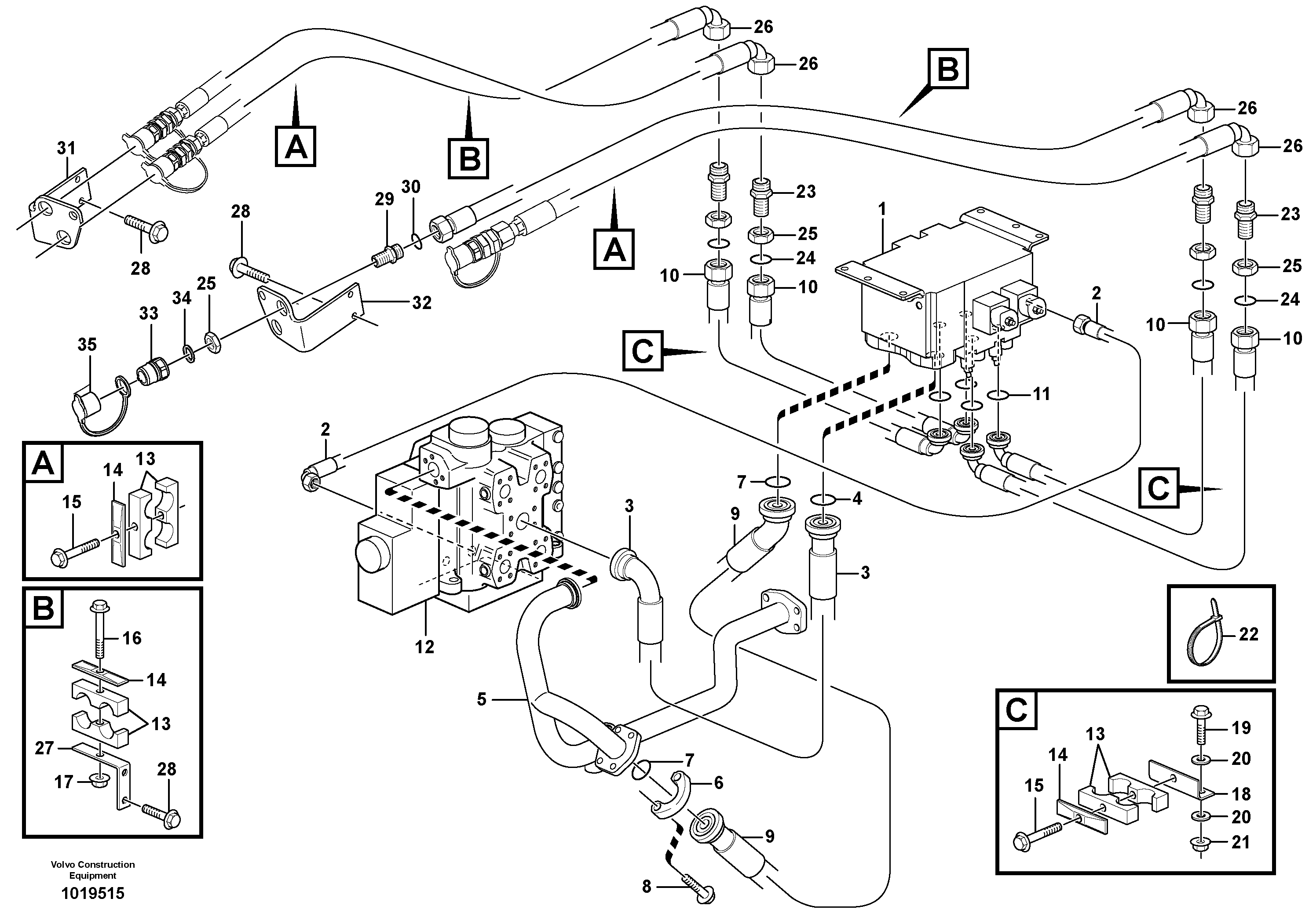 Hydraulic system, 3rd and 4th function. Feed and return lines. — volvo parts diagram