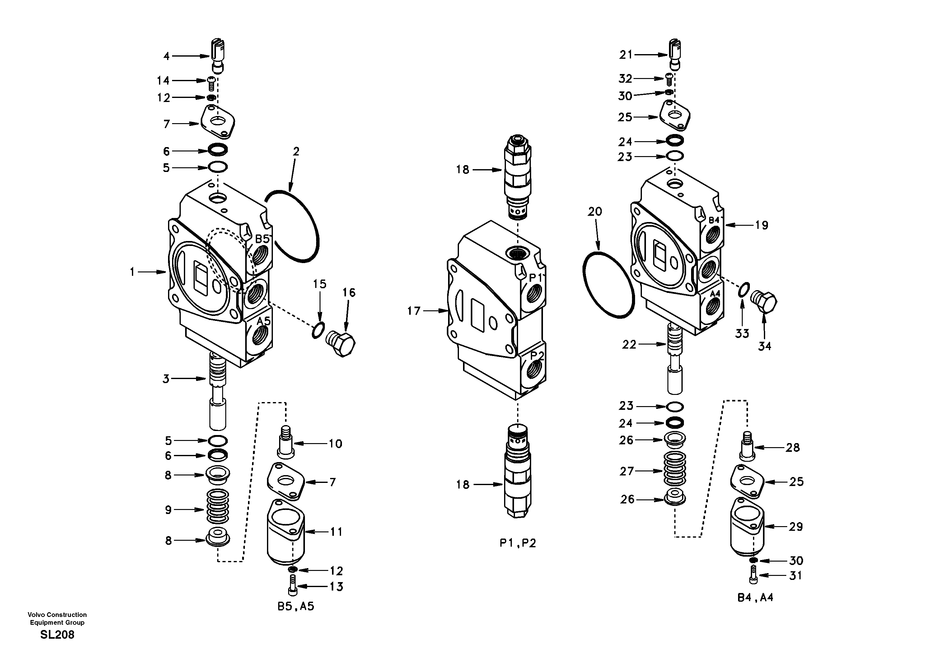 Main control valve, travel Lh and mid inlet and travel Rh — volvo parts diagram