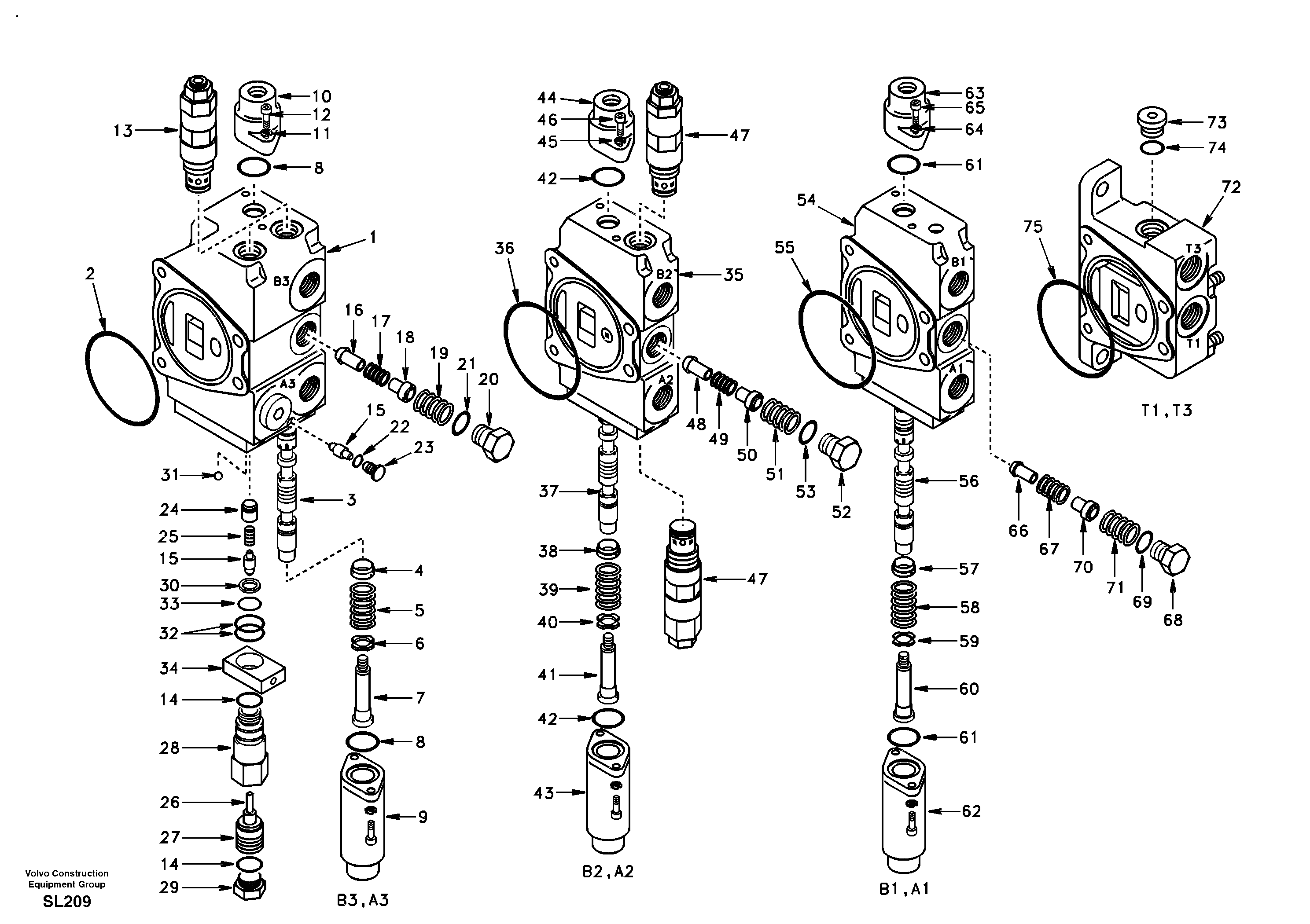 Main control valve, boom 1 and bucket and dipper arm 2 and outlet. — volvo parts diagram