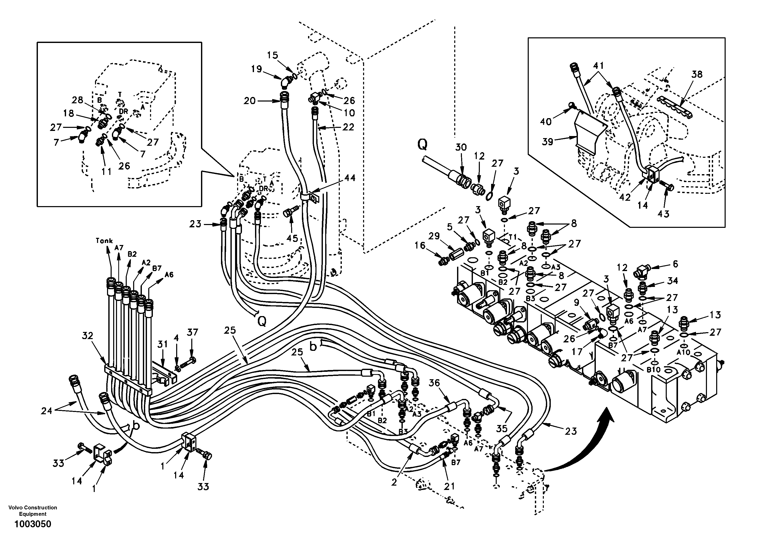 Hydraulic system, control valve to boom and swing — volvo parts diagram