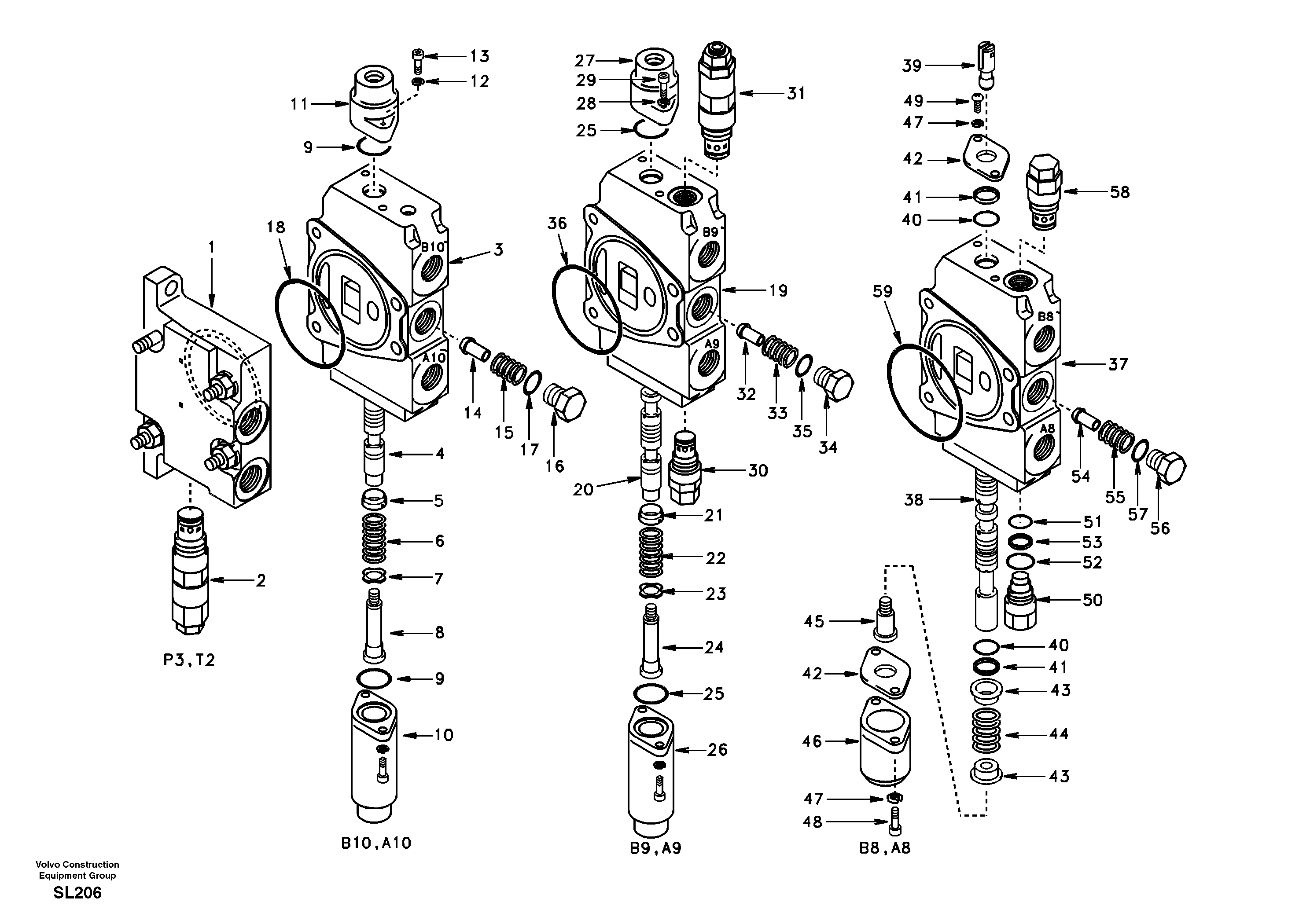 Main control valve, inlet and boom and boom swing — volvo parts diagram