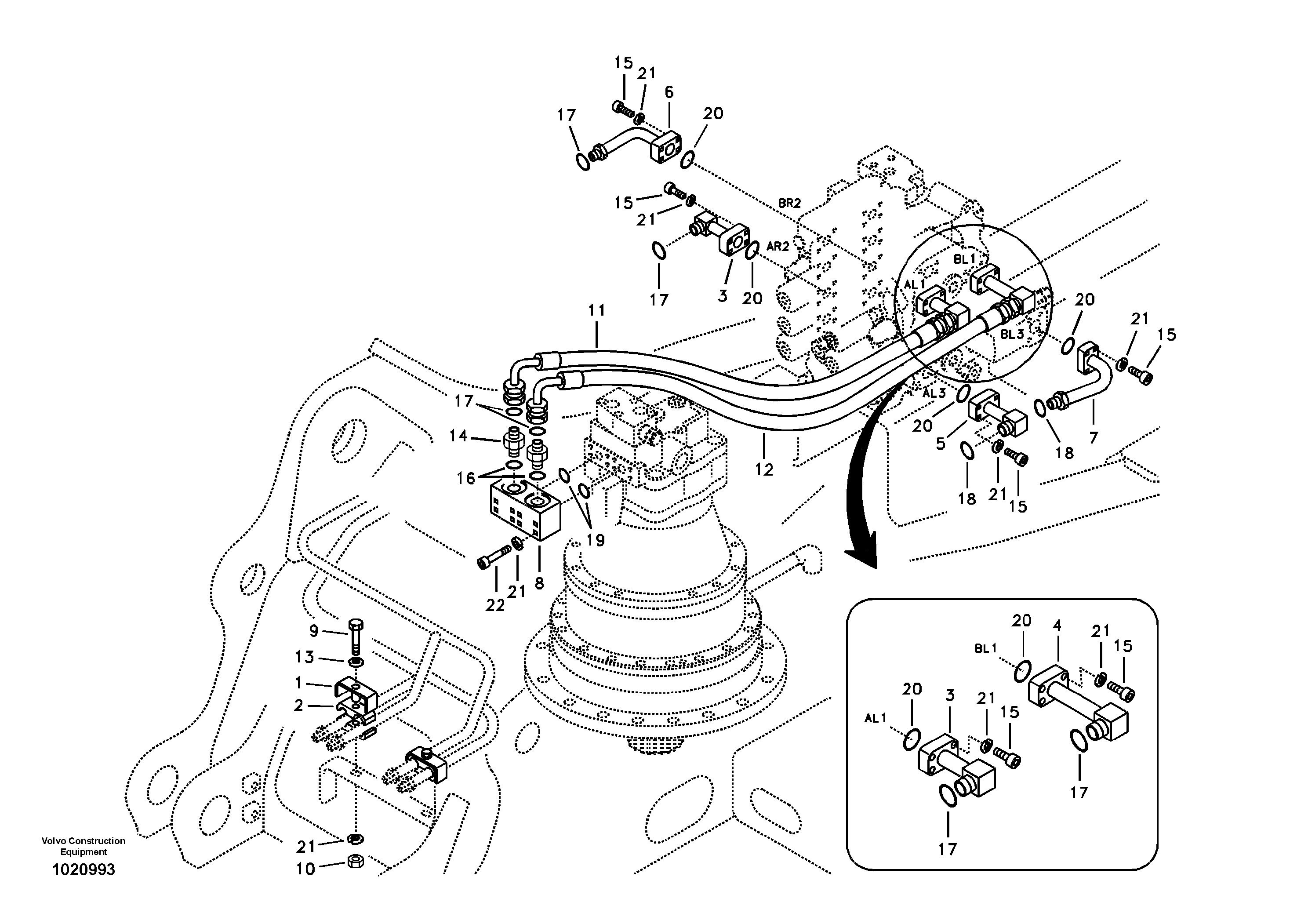 Hydraulic system, control valve to boom and swing — volvo parts diagram