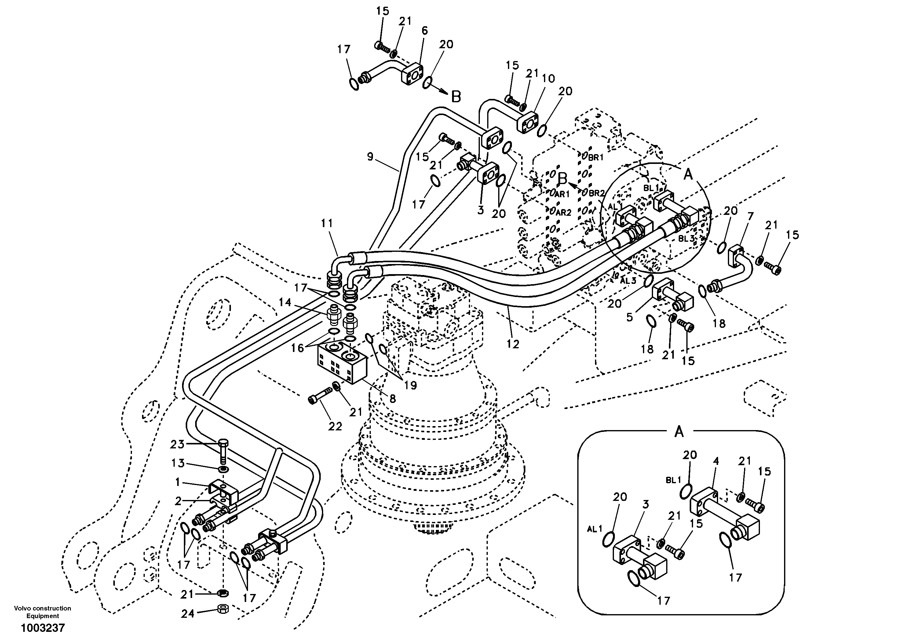 Hydraulic system, control valve to boom and swing — volvo parts diagram