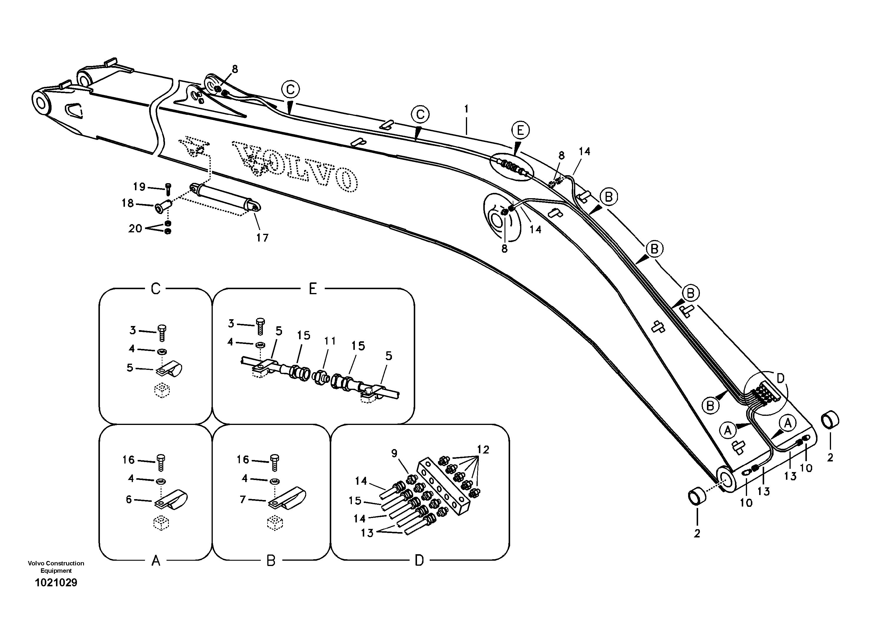 Boom and grease piping, long reach — volvo parts diagram