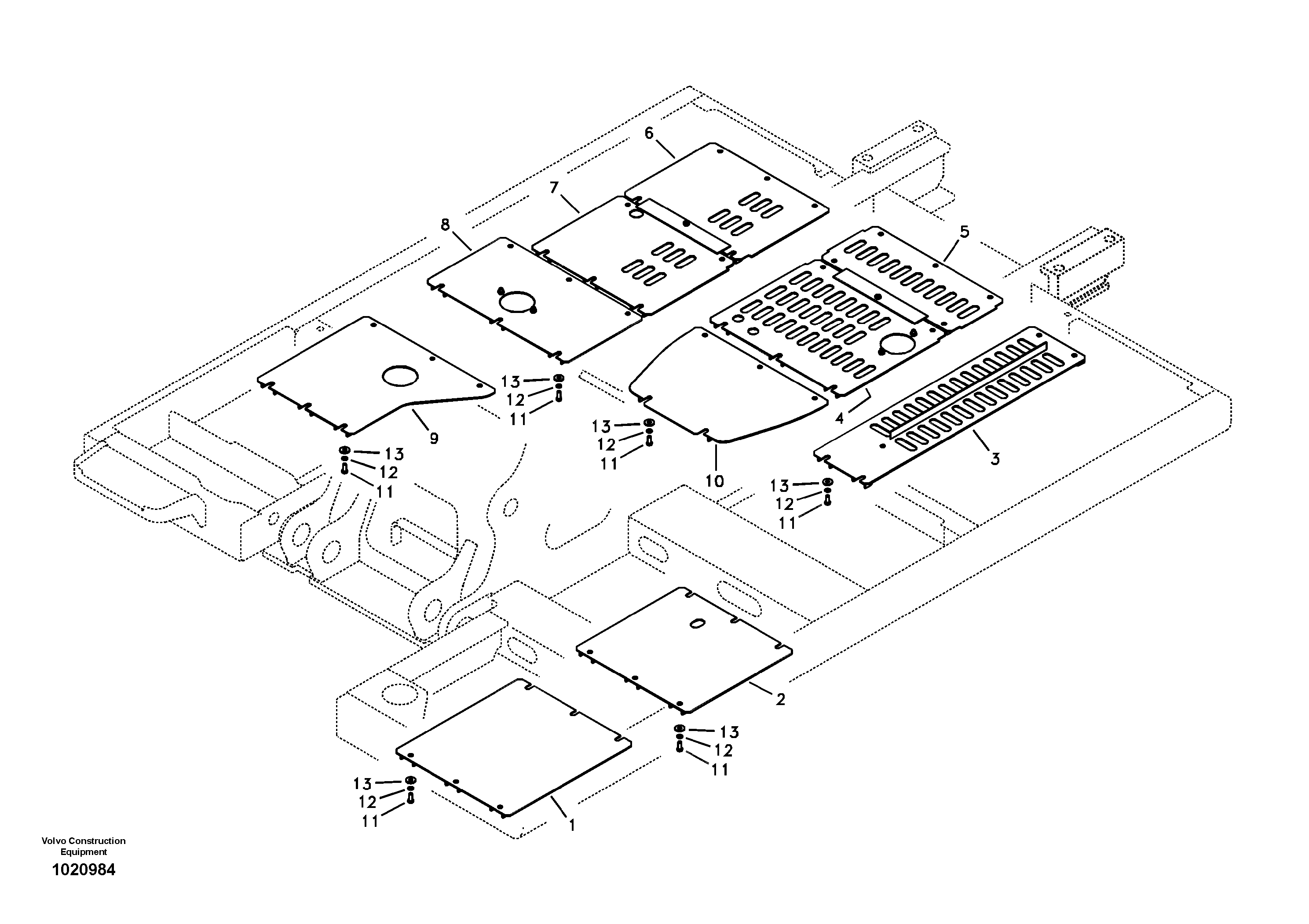 Hatches under engine, hydr.pumps, cooler, m.valve and fuel tank. — volvo parts diagram