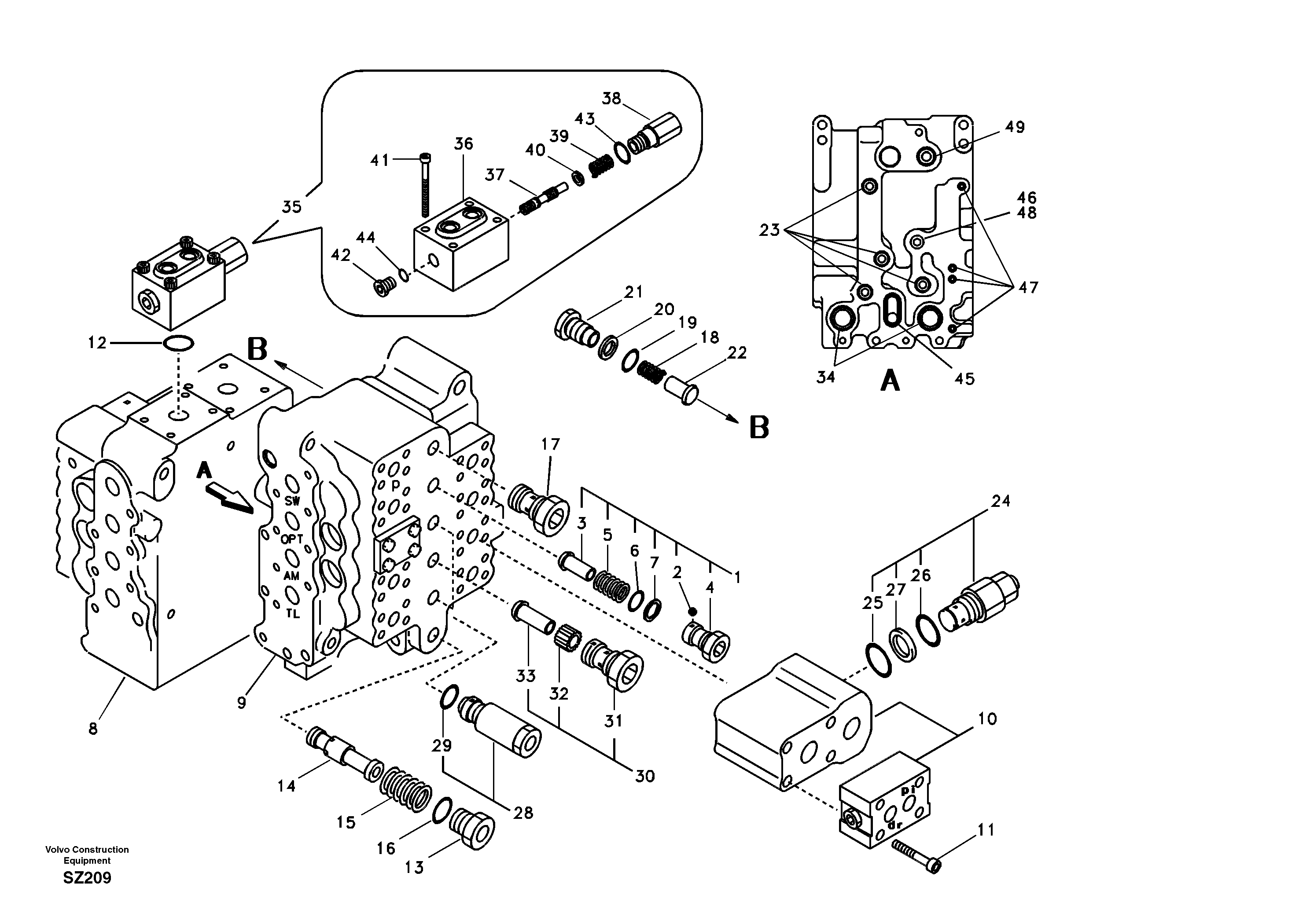 Main control valve, swing and option and dipper arm and travel Lh — volvo parts diagram