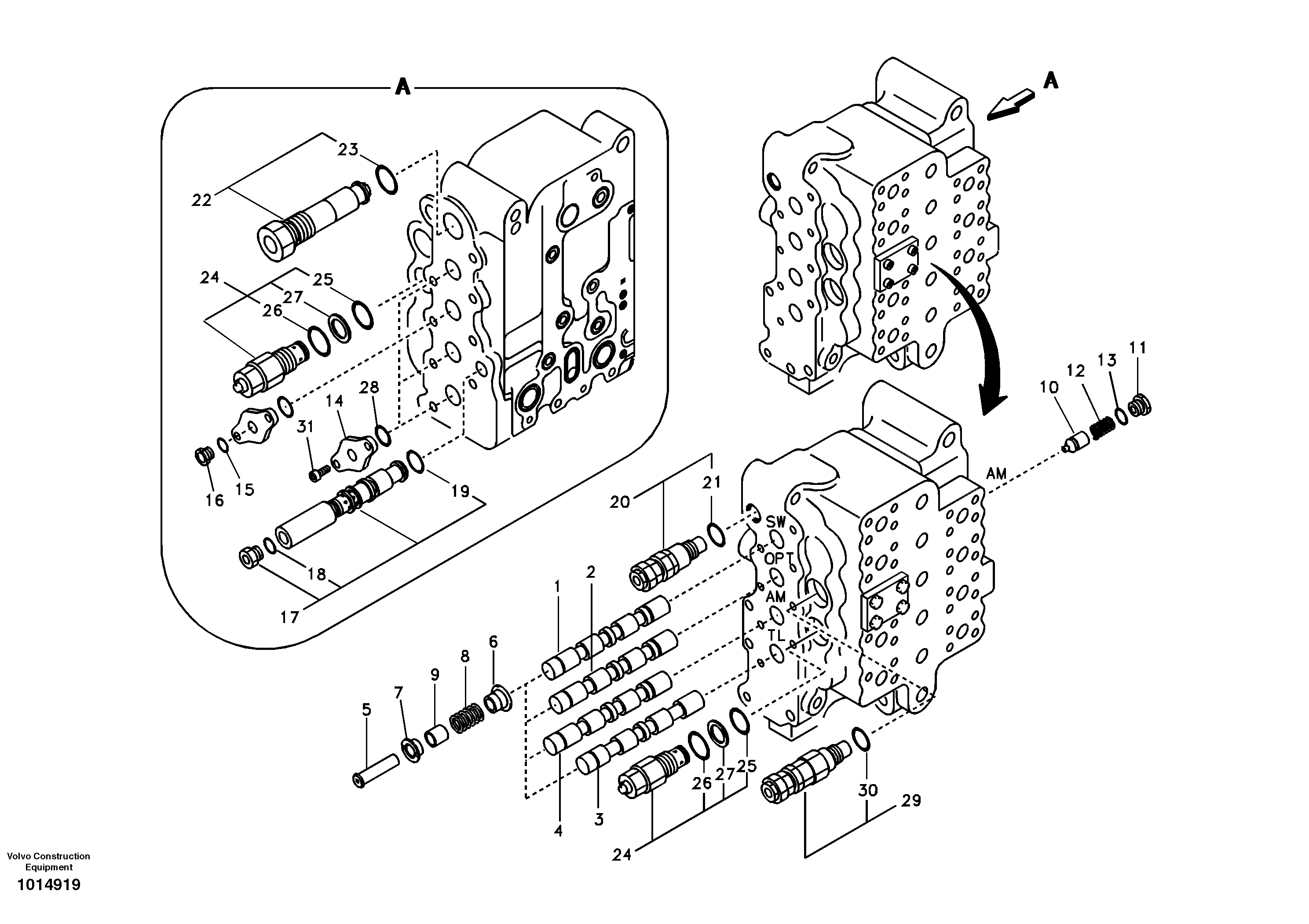 Main control valve, swing and option and dipper arm and travel Lh — volvo parts diagram