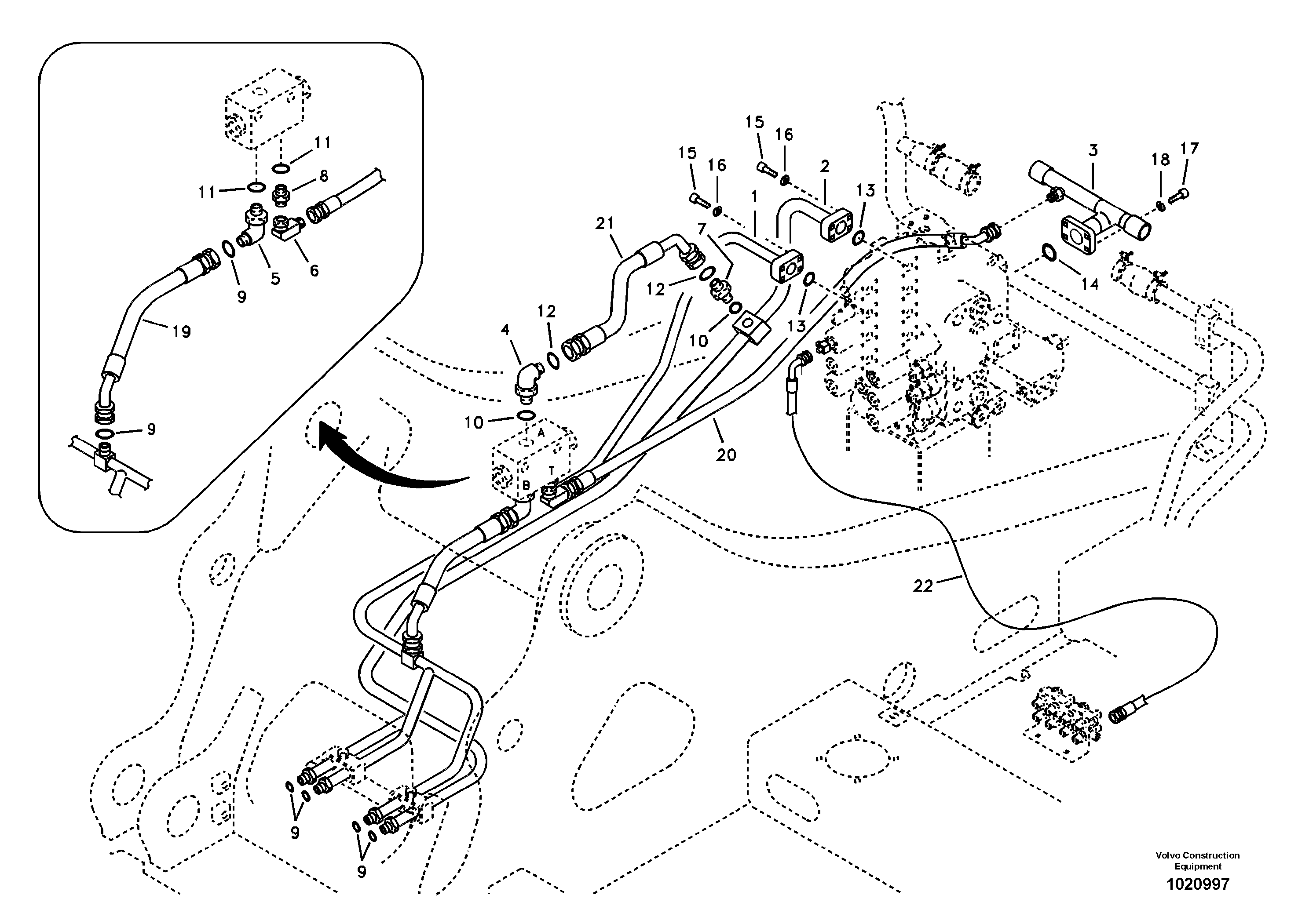 Hydraulic system, control valve to boom and swing — volvo parts diagram