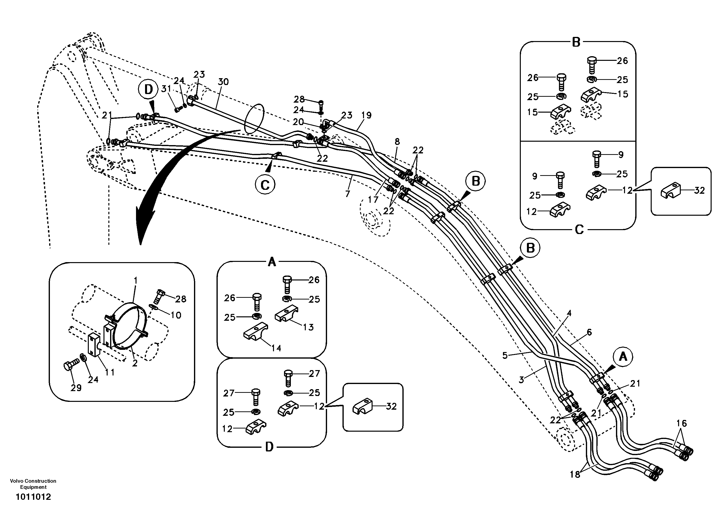 Working hydraulic, dipper arm cylinder on boom. — volvo parts diagram