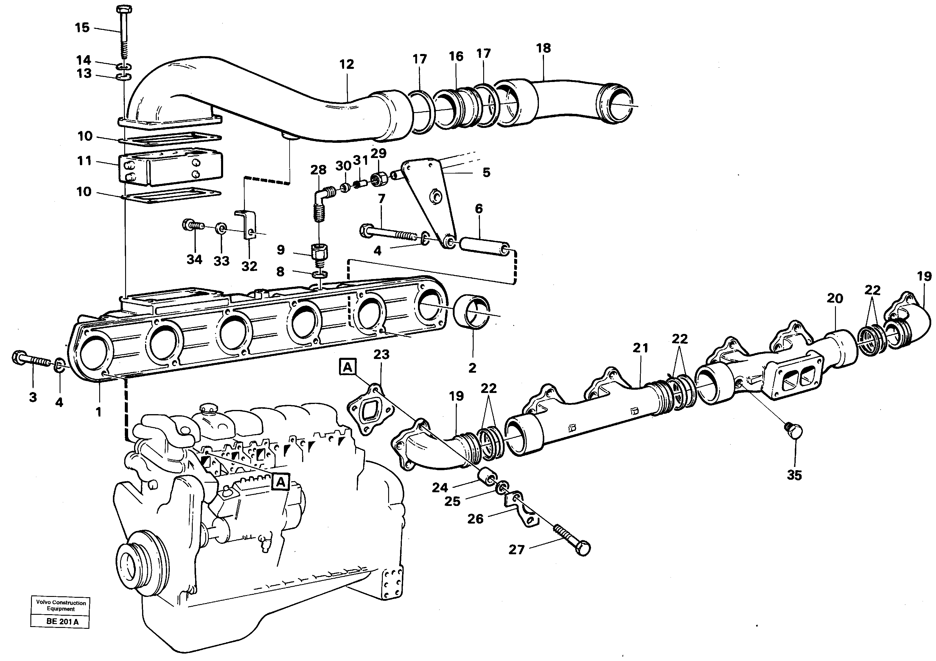 Inlet and exhaust system on engine  TD 121G, TD 122GA — volvo parts diagram