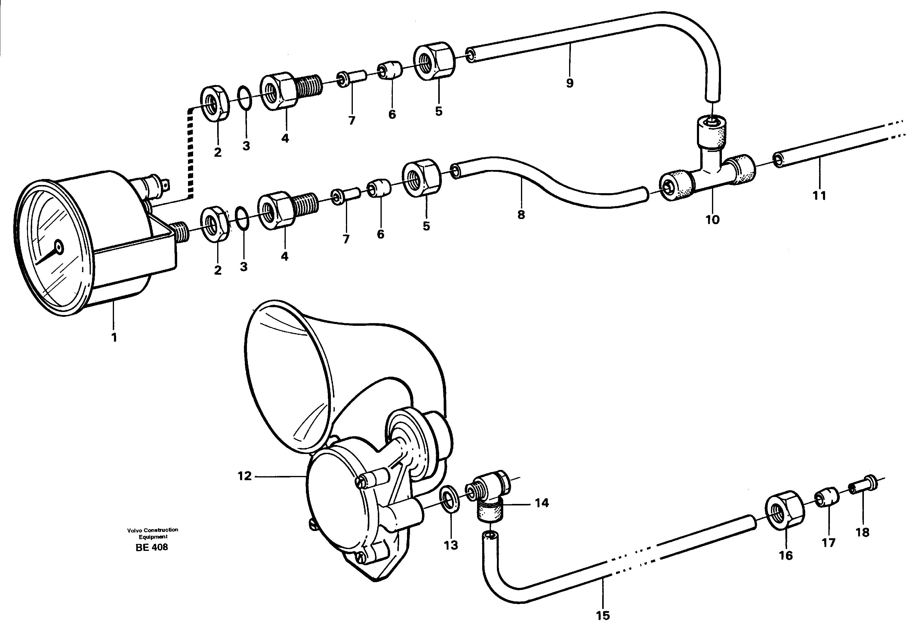 Pneumatic system, pneumatic pressure gauge and horn — volvo parts diagram