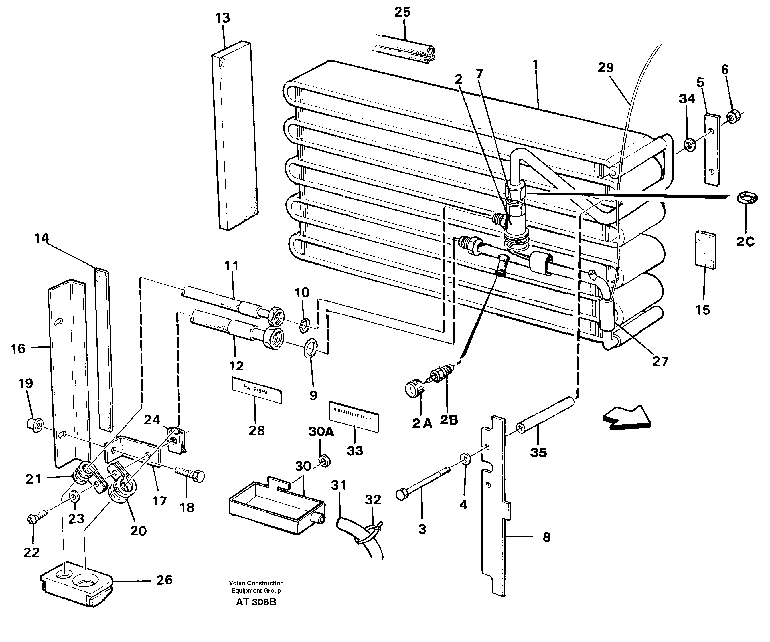 Evaporator for cooling agent R134a with fitting parts. 94561, 94838 — volvo parts diagram