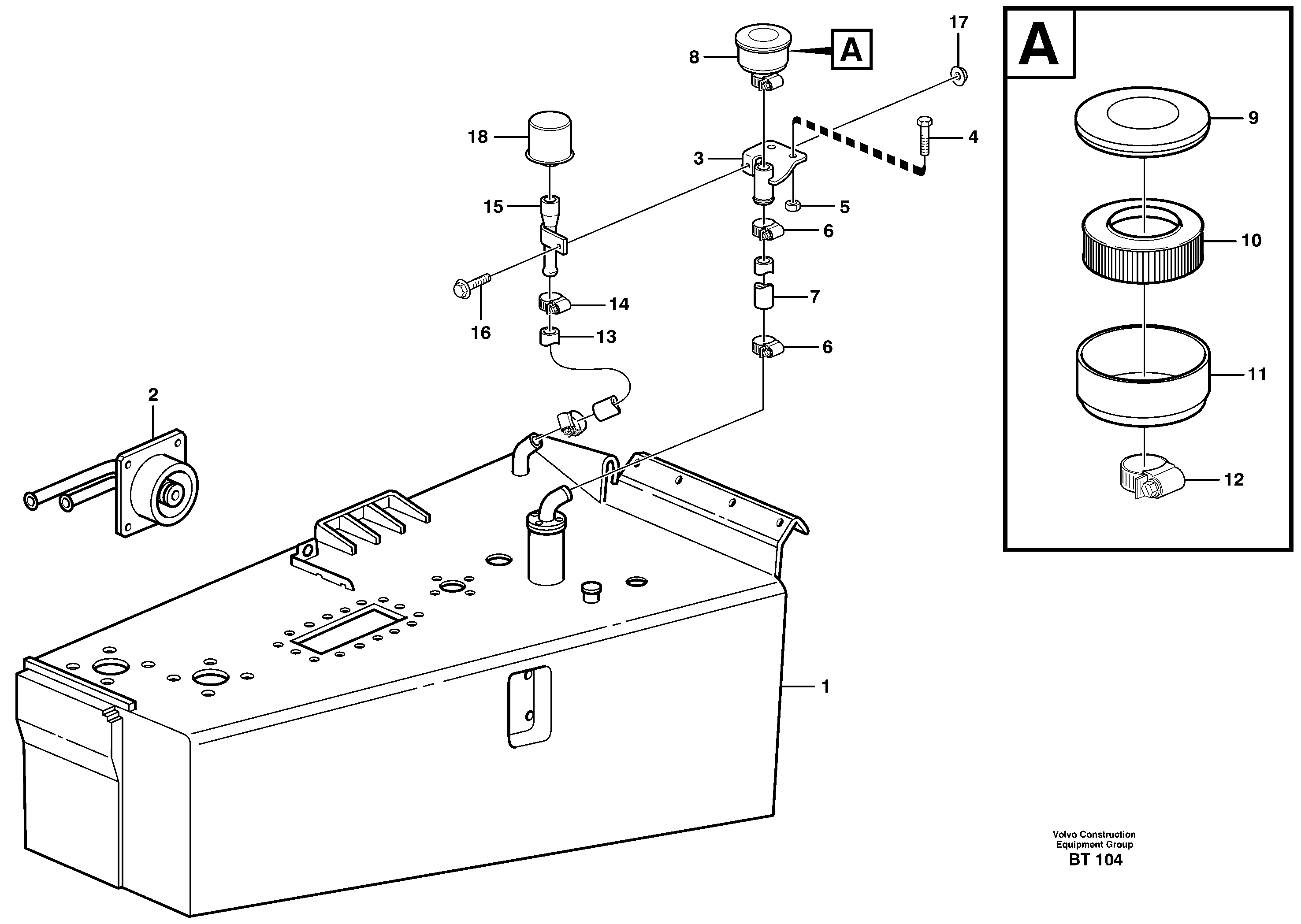 Hydraulic oil tank, with fitting parts — volvo parts diagram