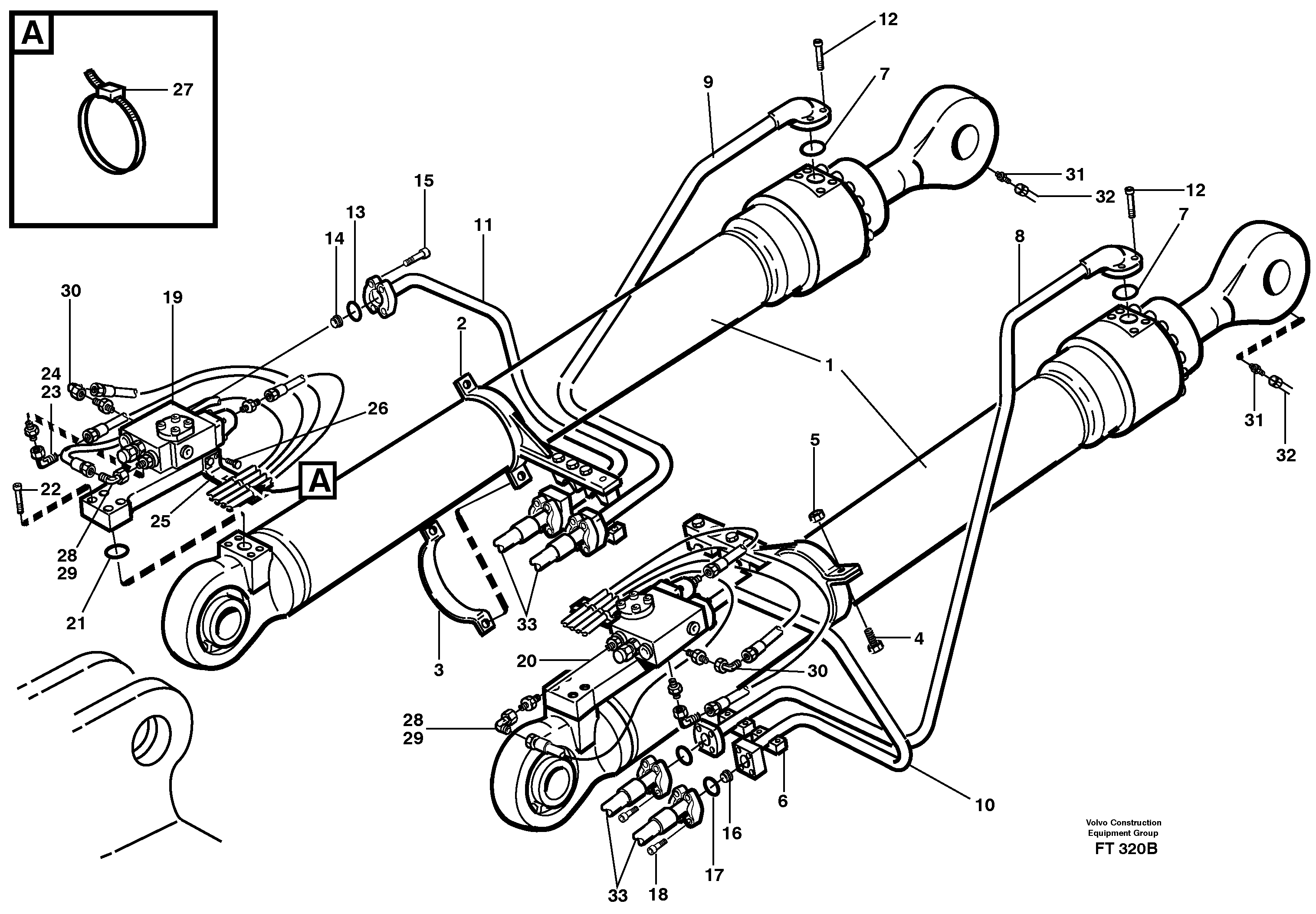 Hydraulic system, boom cylinder, backhoe boom  14302493, 14265727 — volvo parts diagram