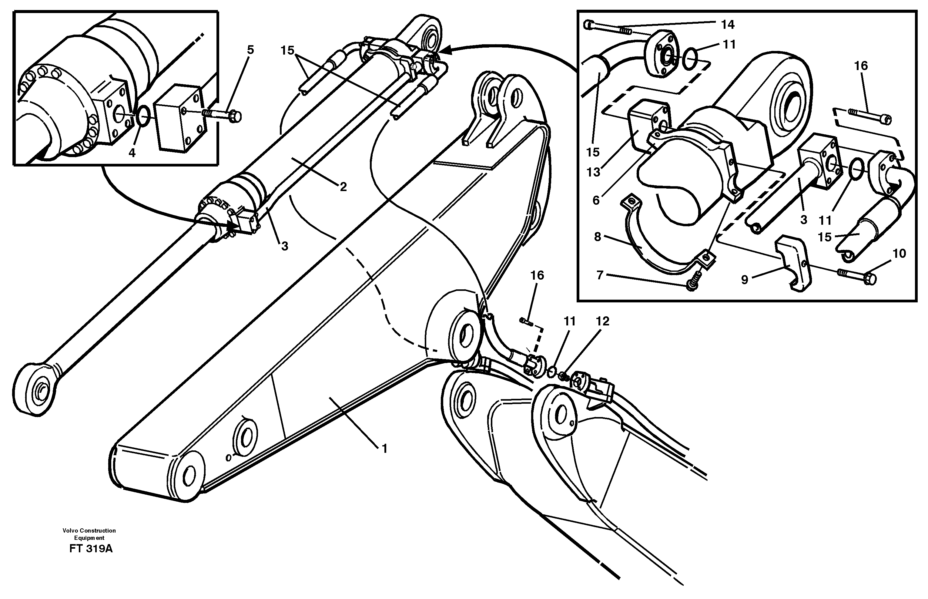 Cylinder hydraulics, dipper arm  14302494 14302018 14302019 14265728 — volvo parts diagram