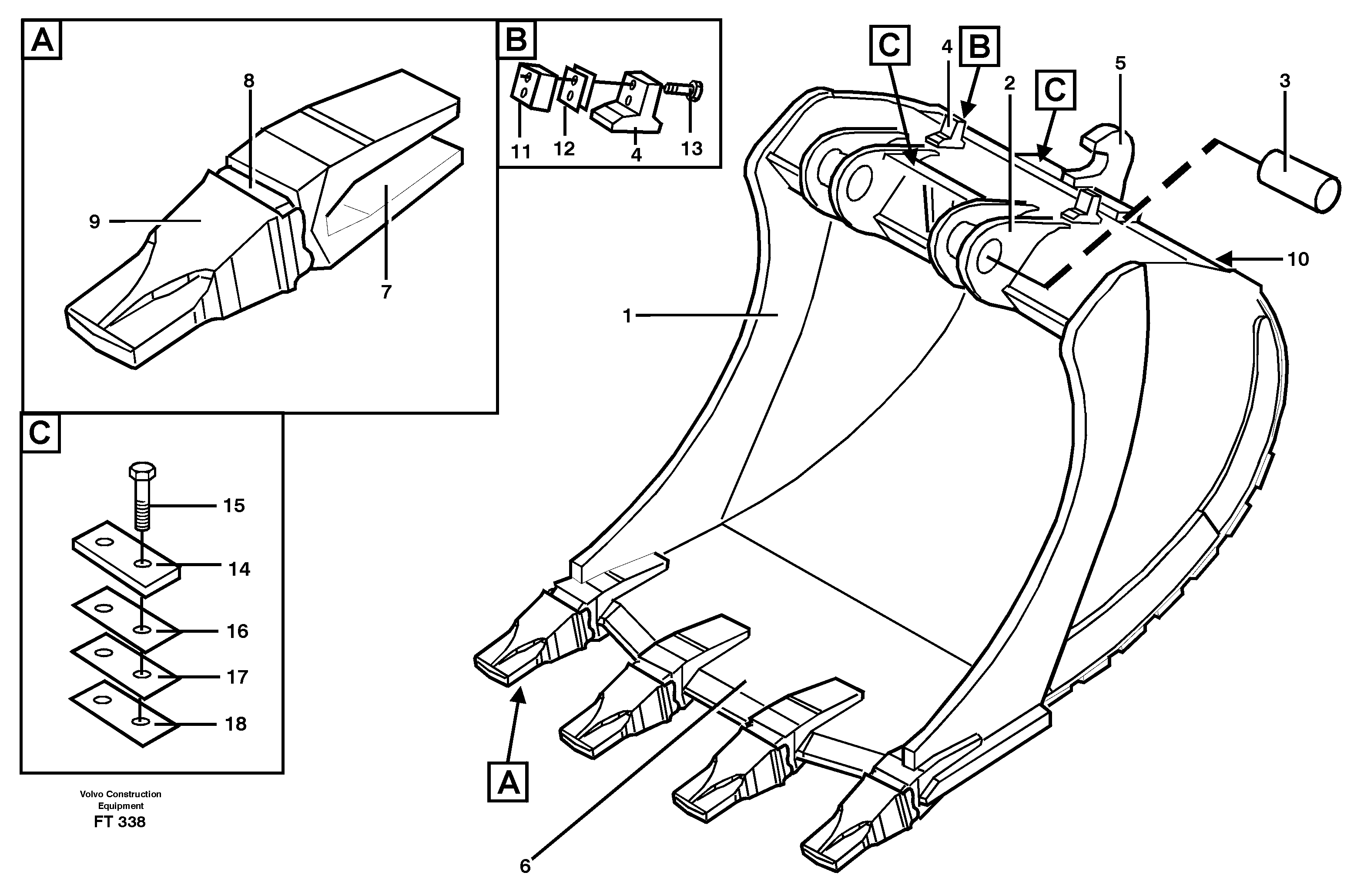 Buckets for Quickfit Esco Super V  14302583,14302522,14302582 — volvo parts diagram