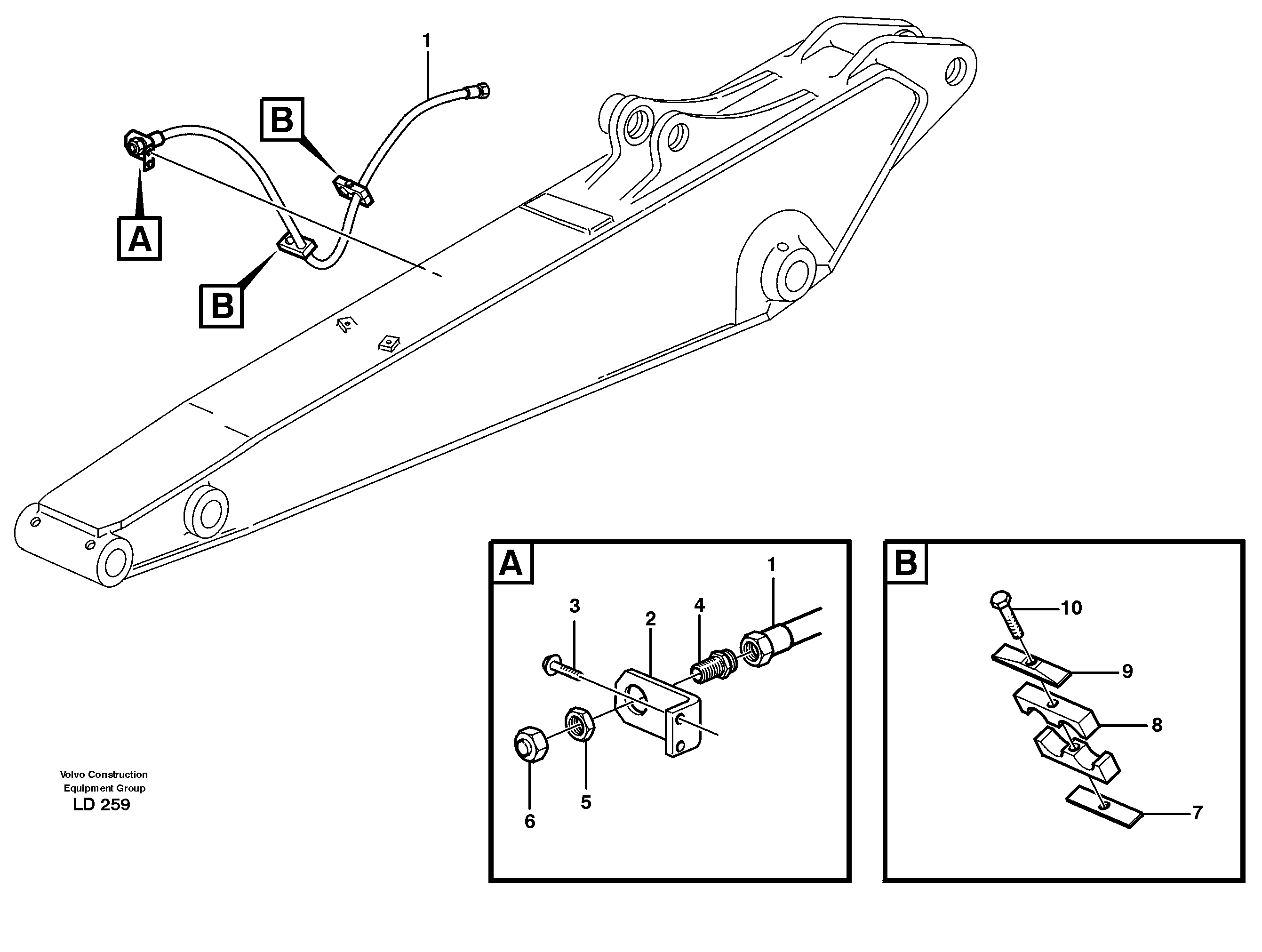 Hammer hydraulics on dipper arm, return line  14302887, 14302888, 14302889, 14302890 — volvo parts diagram