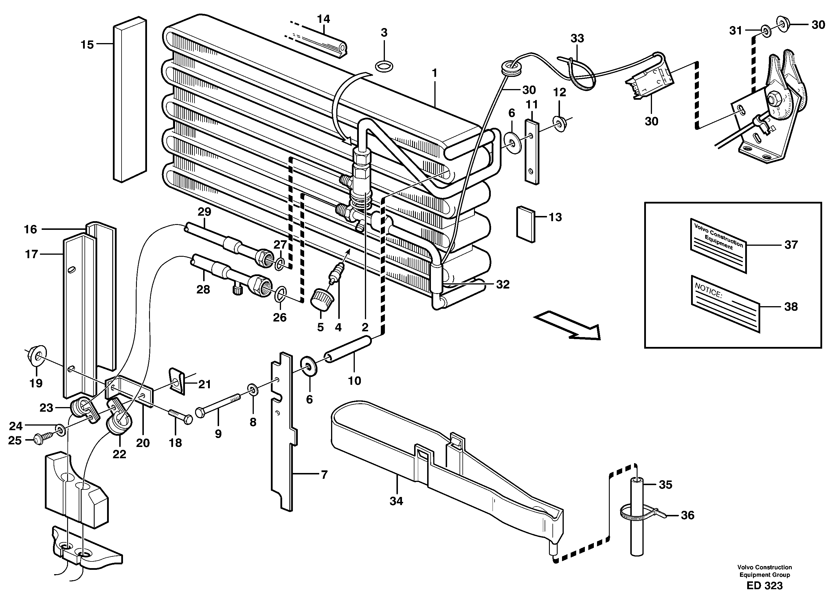 Evaporator for cooling agent R134a with fitting parts.  80280 — volvo parts diagram