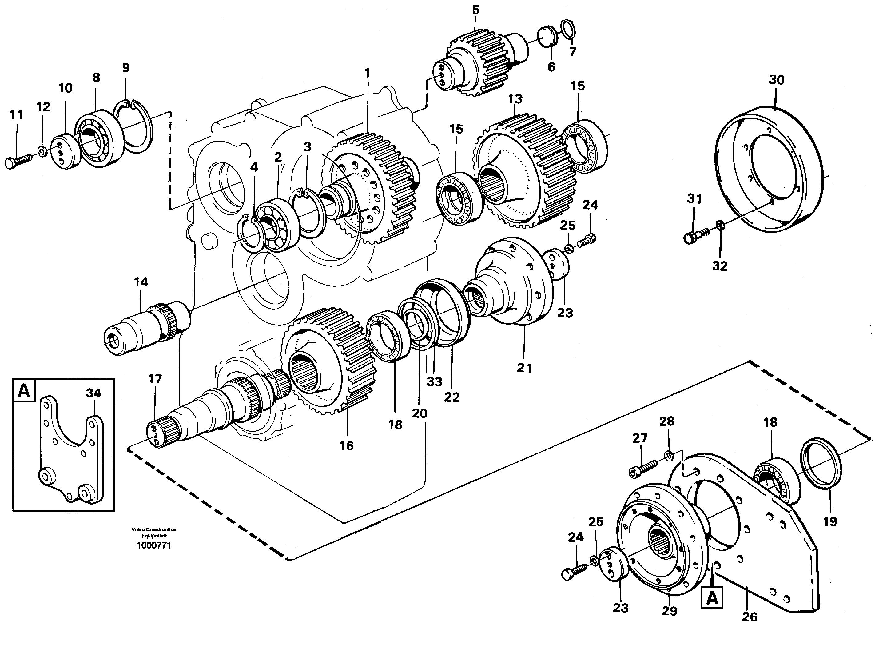 Transfer gearbox gears and shafts  22524, 22536 — volvo parts diagram