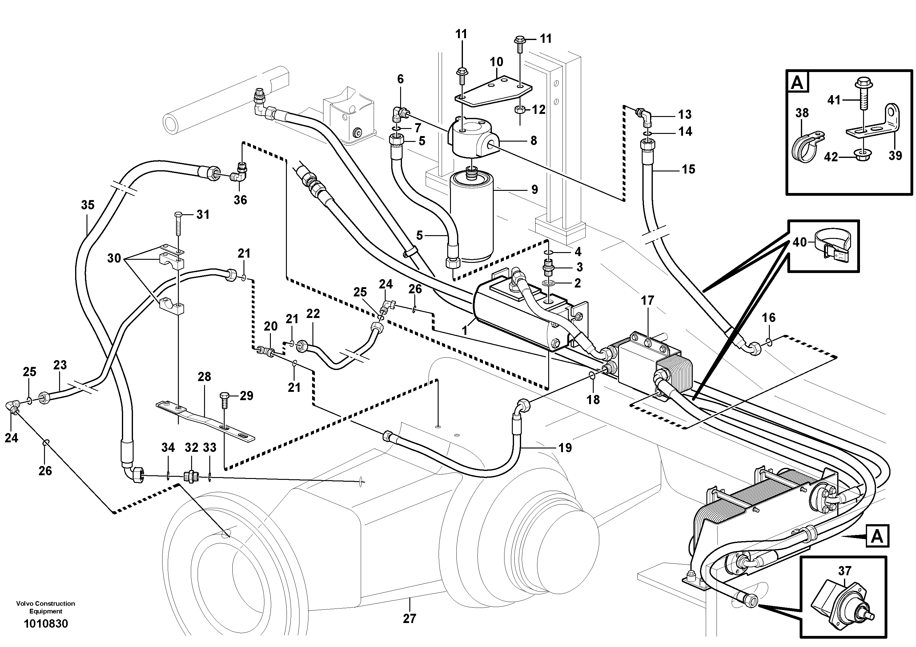 Oil cooler, rear, pump circuit.  82526, 82658 — volvo parts diagram