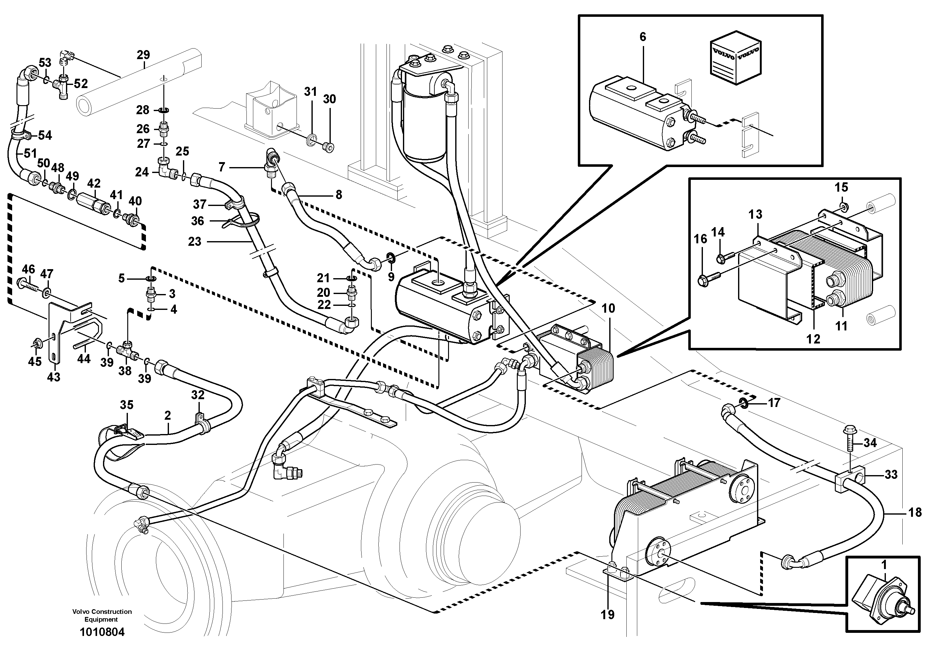 Oil cooler, rear, motor circuit.  82526, 82658 — volvo parts diagram