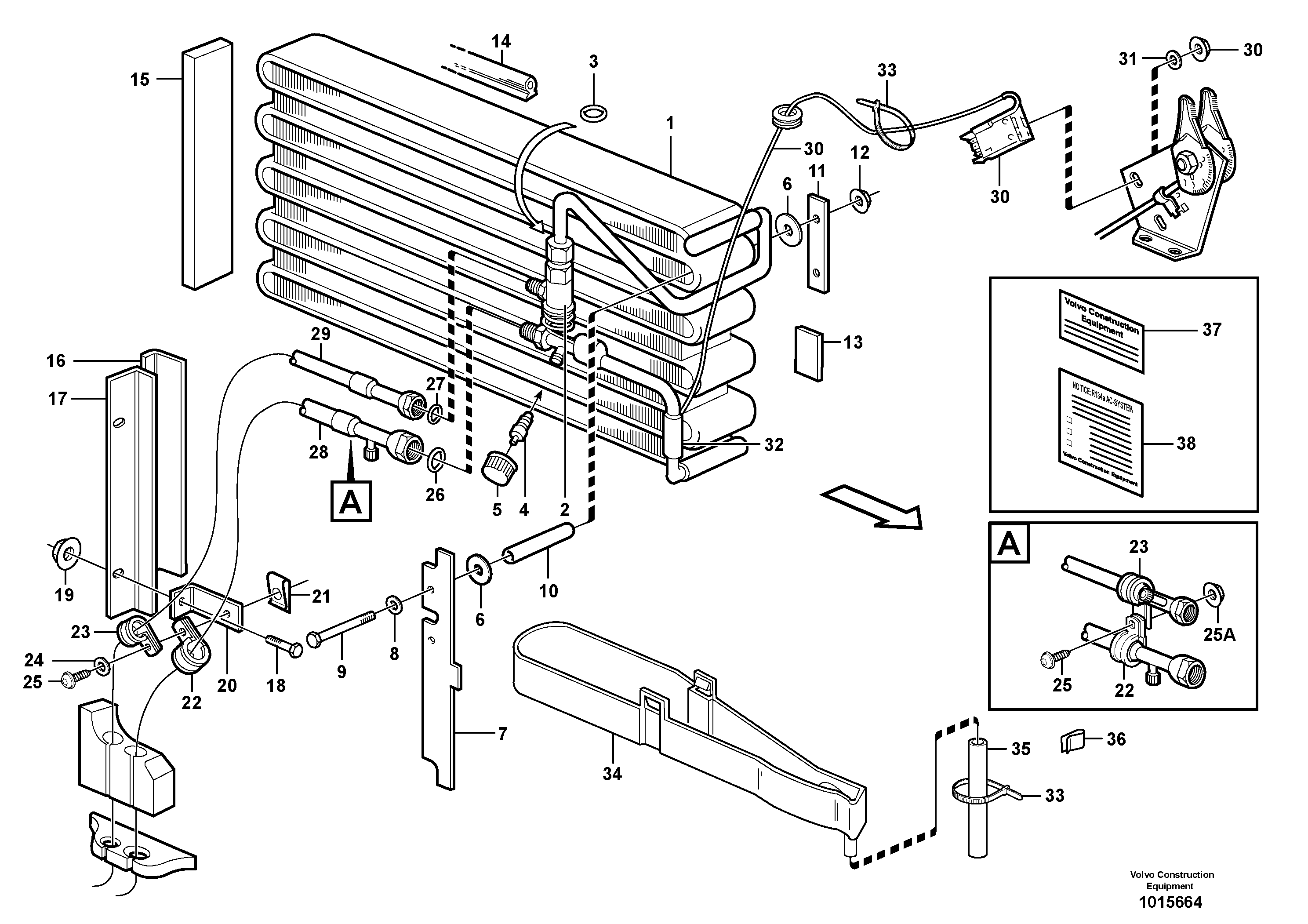 Evaporator for cooling agent R134a with fitting parts.  82560, 82784 — volvo parts diagram