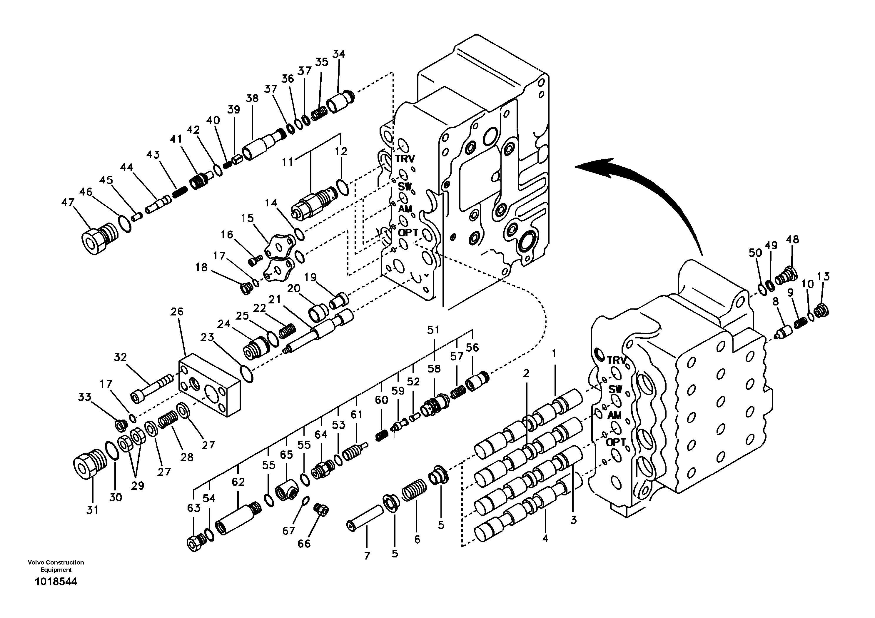 Main control valve, swing and option and dipper arm and travel Lh — volvo parts diagram