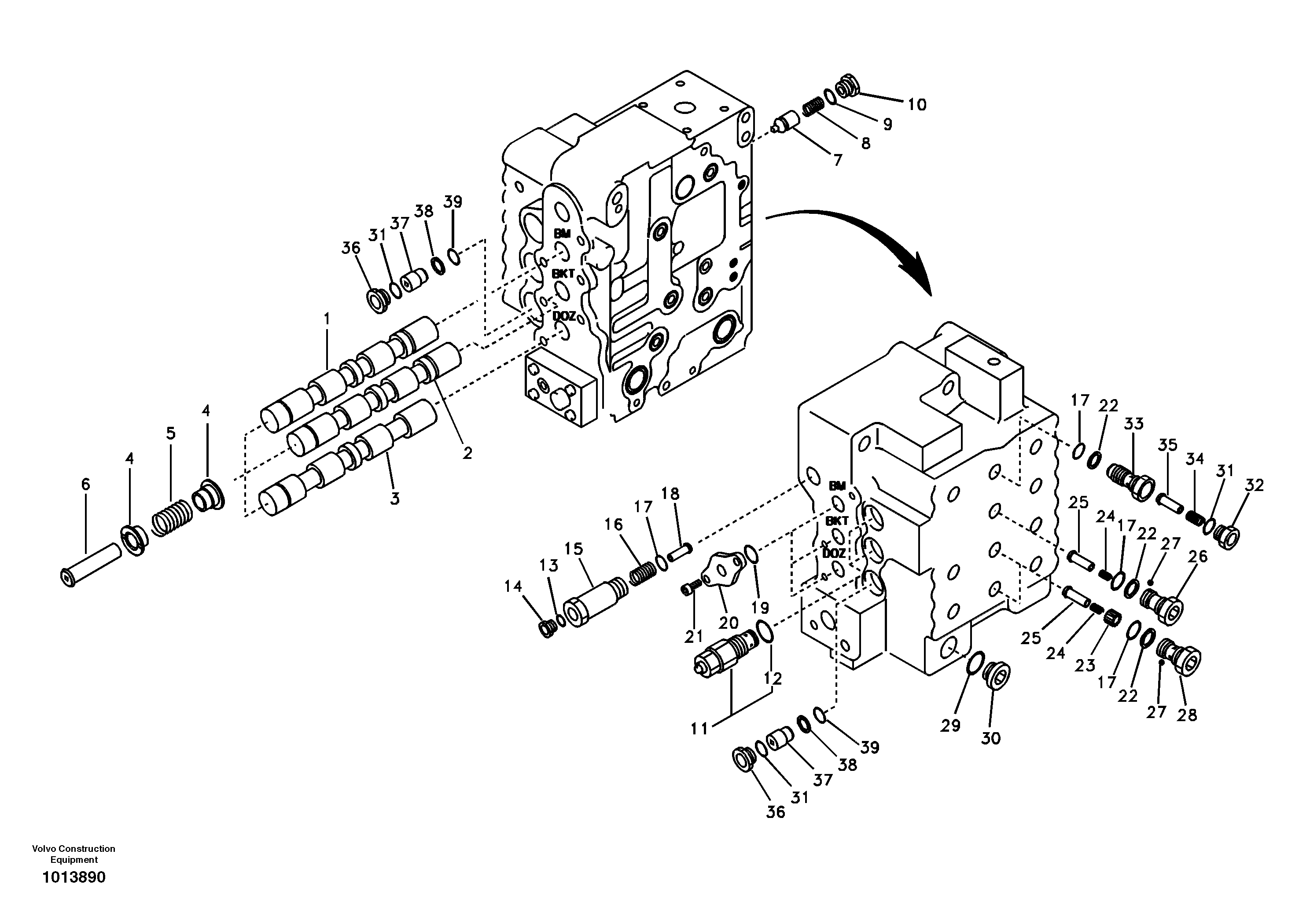 Main control valve, boom and bucket and travel Rh — volvo parts diagram