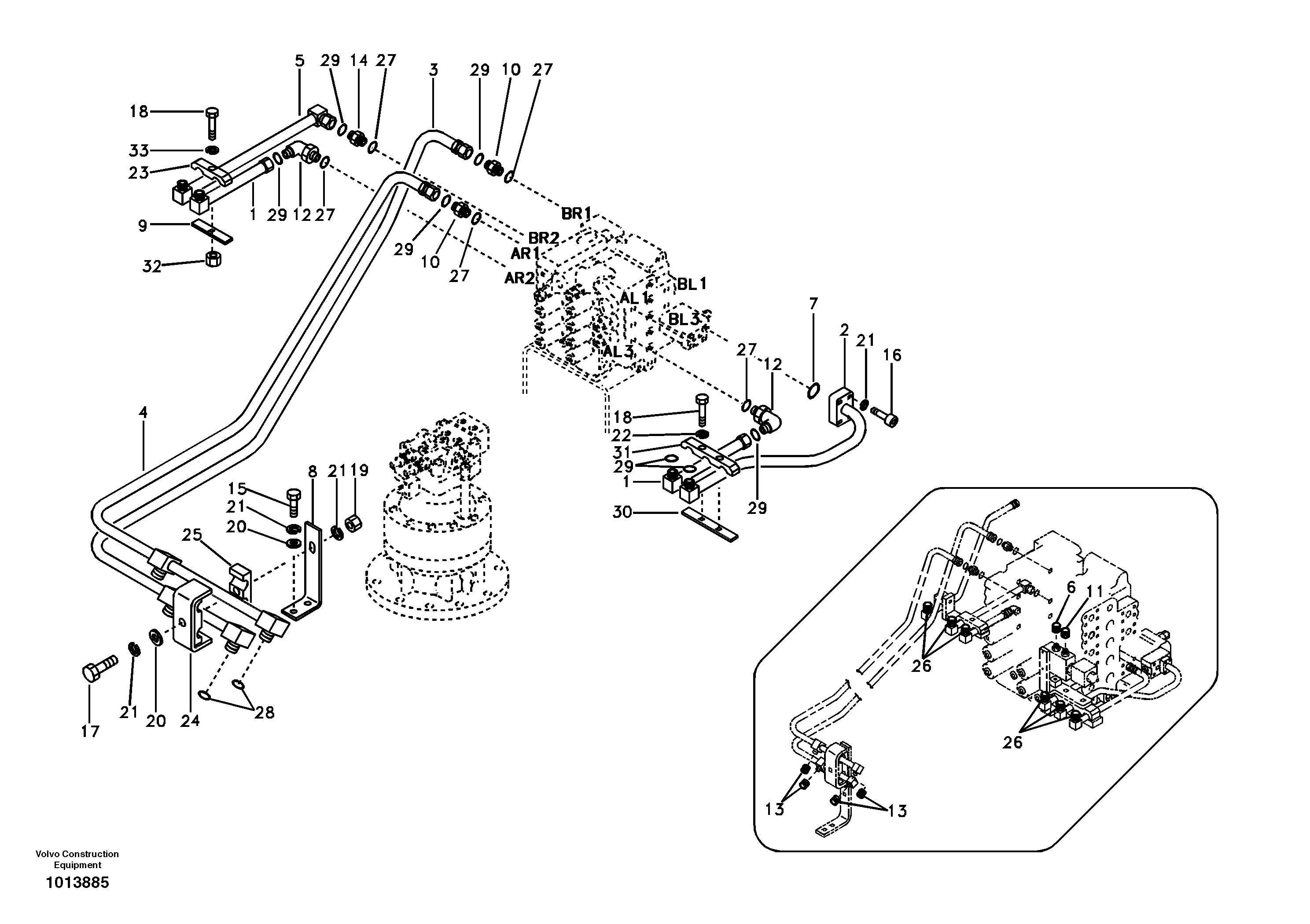 Hydraulic system, control valve to boom and swing — volvo parts diagram