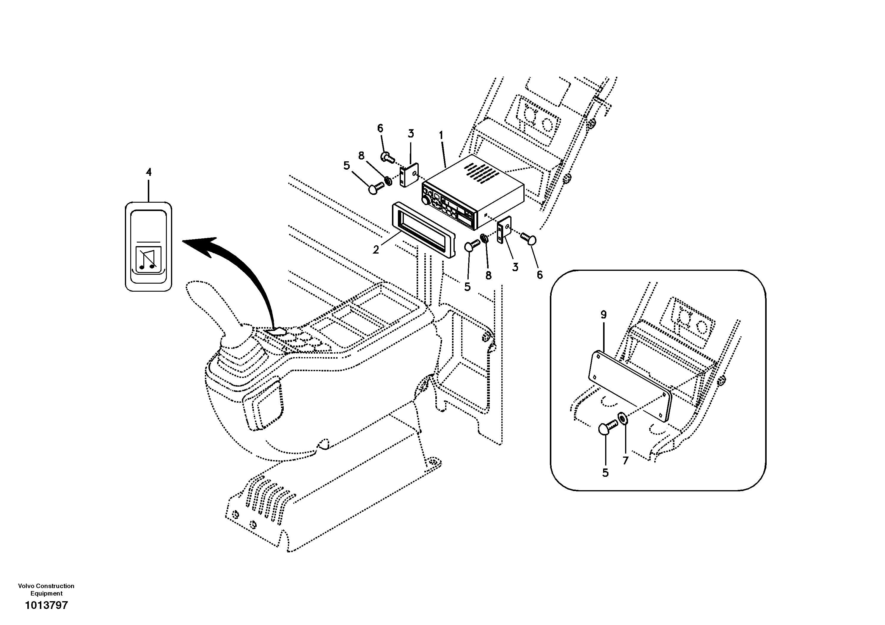 Cassette radio recorder with mounting details — volvo parts diagram