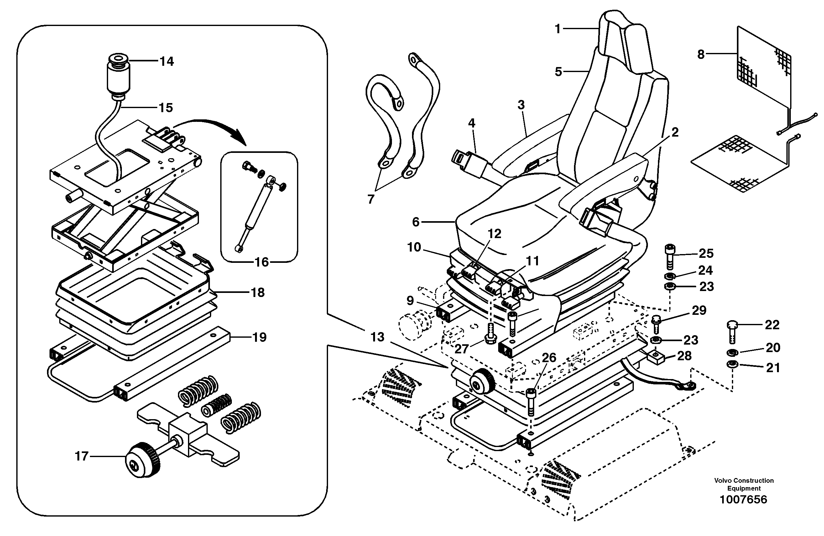 Operator seat with fitting parts 14312151, 14312034, 14312037 — volvo parts diagram