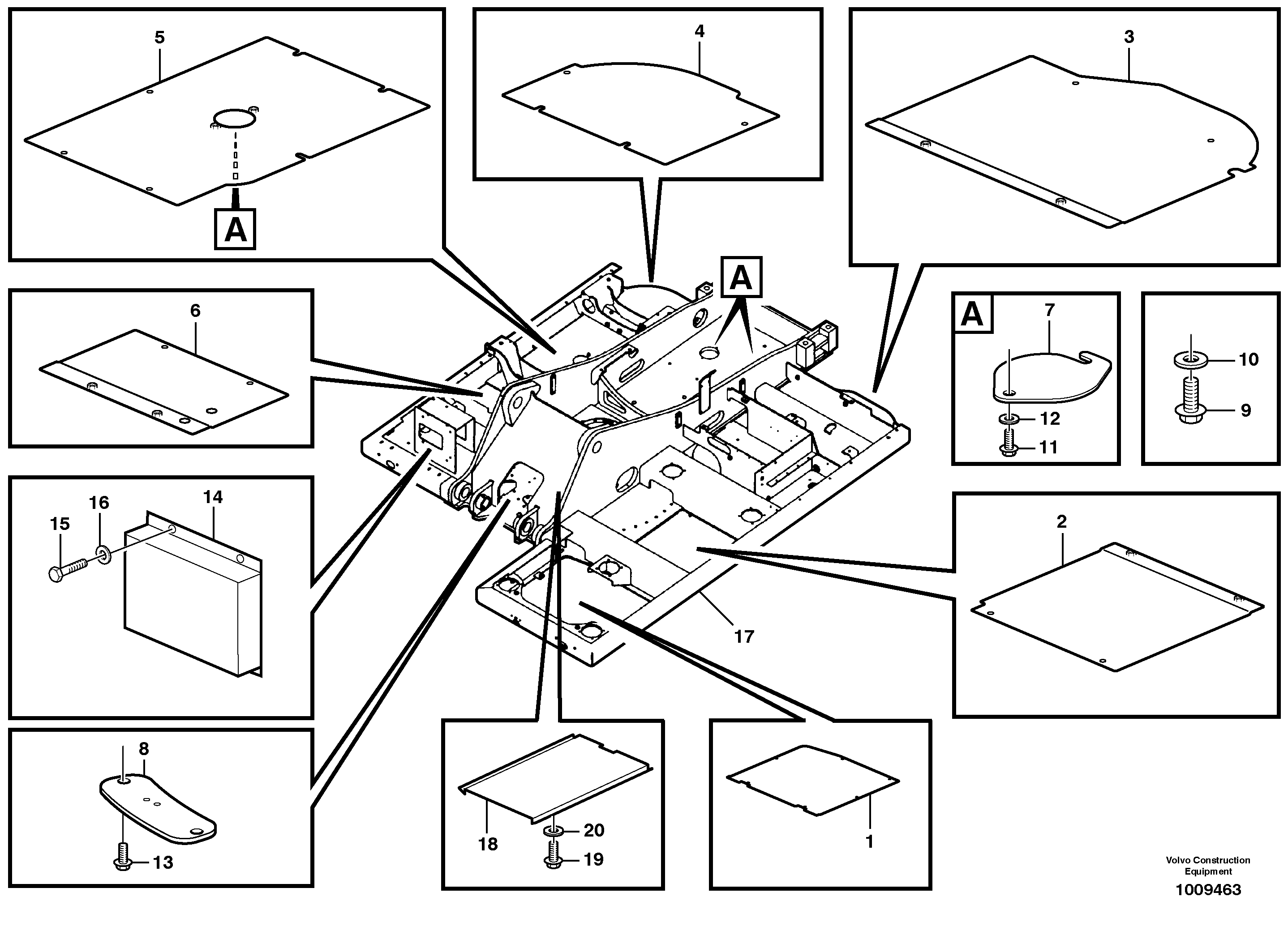 Hatches under engine, hydr.pumps, cooler, m.valve and fuel tank. — volvo parts diagram