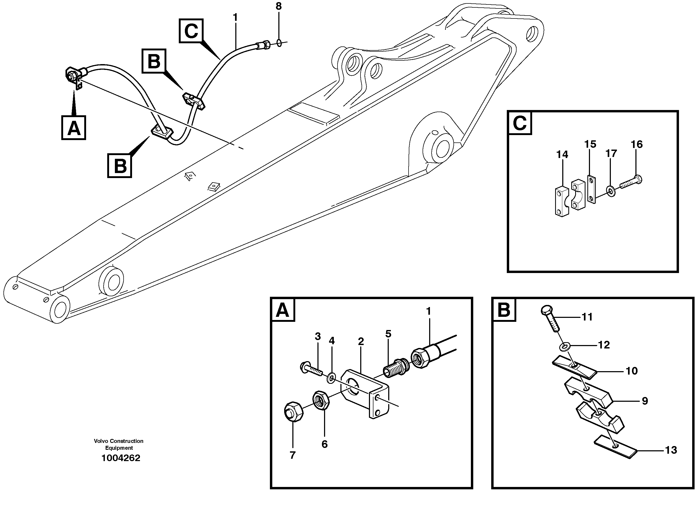 Hammer hydraulics on dipper arm, return line  14314053, 14314054, 14314055 — volvo parts diagram