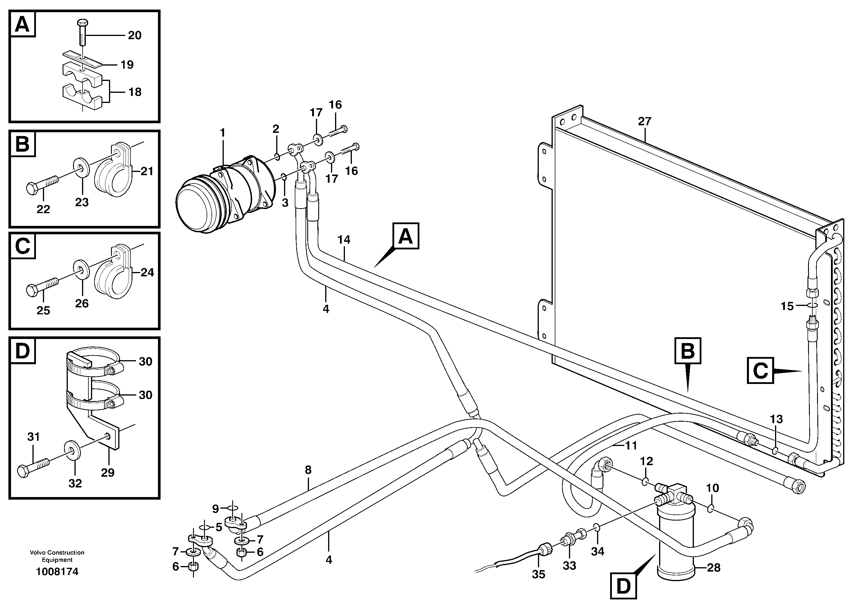 Assembly of hose: evaparator, receiver drier and condenser.  14314019 — volvo parts diagram